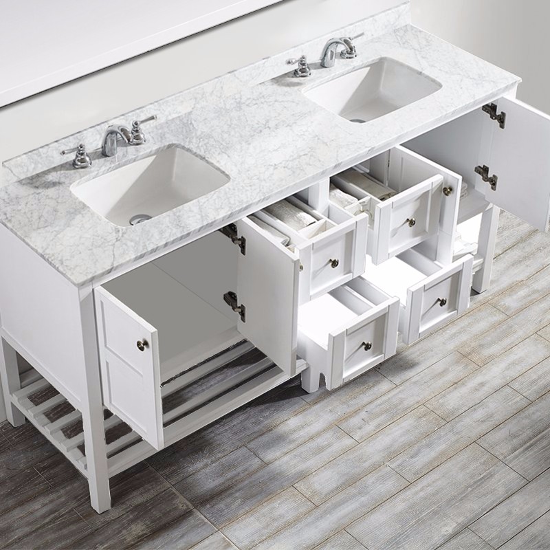  WOODBRIDGEBath Solid Wood Vanities with Carra White Marble Top with Two Rectangle Bowls, White Color_10836