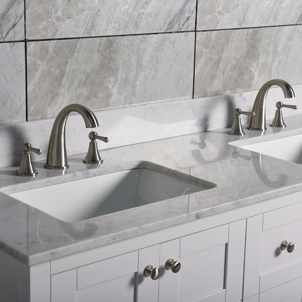  WOODBRIDGEBath Solid Wood Vanities with Carra White Marble Top with Two Rectangle Bowls, White Color_10840