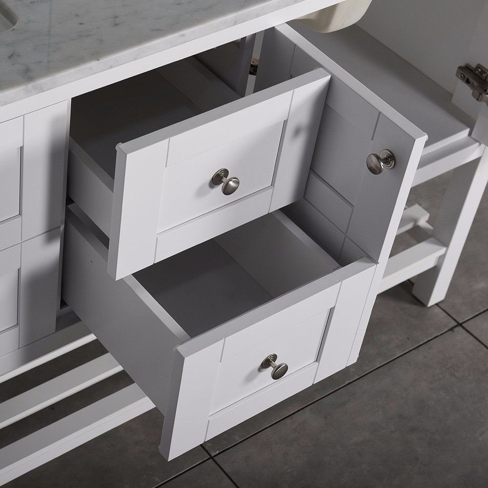  WOODBRIDGEBath Solid Wood Vanities with Full Length Mirror, with Carra White Marble Top with Two Rectangle Bowls, White Color_10828