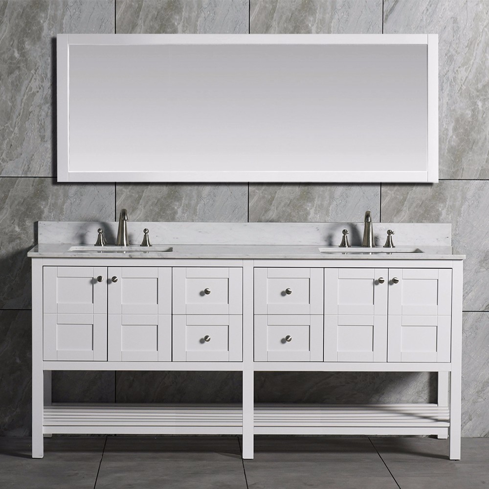  WOODBRIDGEBath Solid Wood Vanities with Full Length Mirror, with Carra White Marble Top with Two Rectangle Bowls, White Color_10829