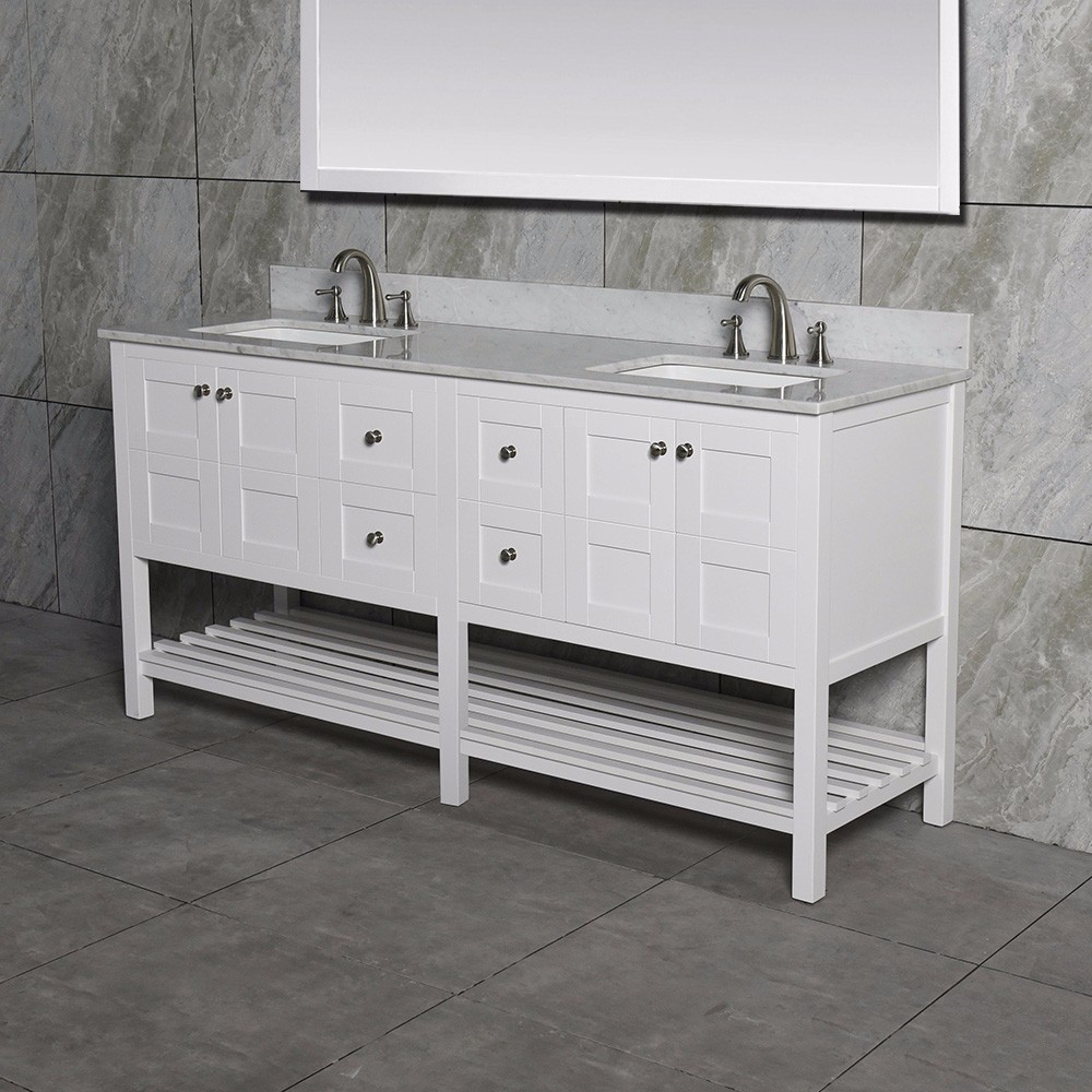  WOODBRIDGEBath Solid Wood Vanities with Full Length Mirror, with Carra White Marble Top with Two Rectangle Bowls, White Color_10830