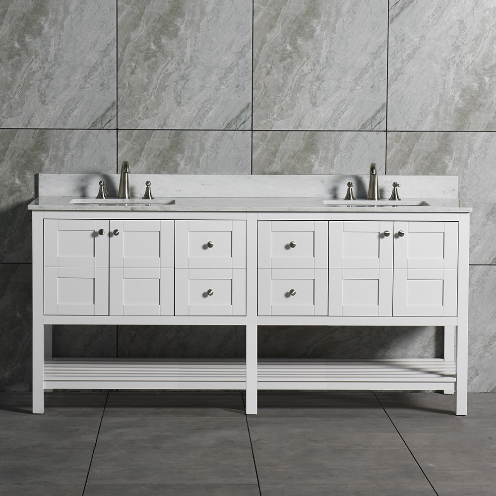 WOODBRIDGEBath Solid Wood Vanities with Carra White Marble Top with Two Rectangle Bowls, White Color