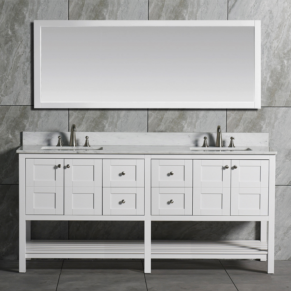 WOODBRIDGEBath Solid Wood Vanities with Full Length Mirror, with Carra White Marble Top with Two Rectangle Bowls, White Color