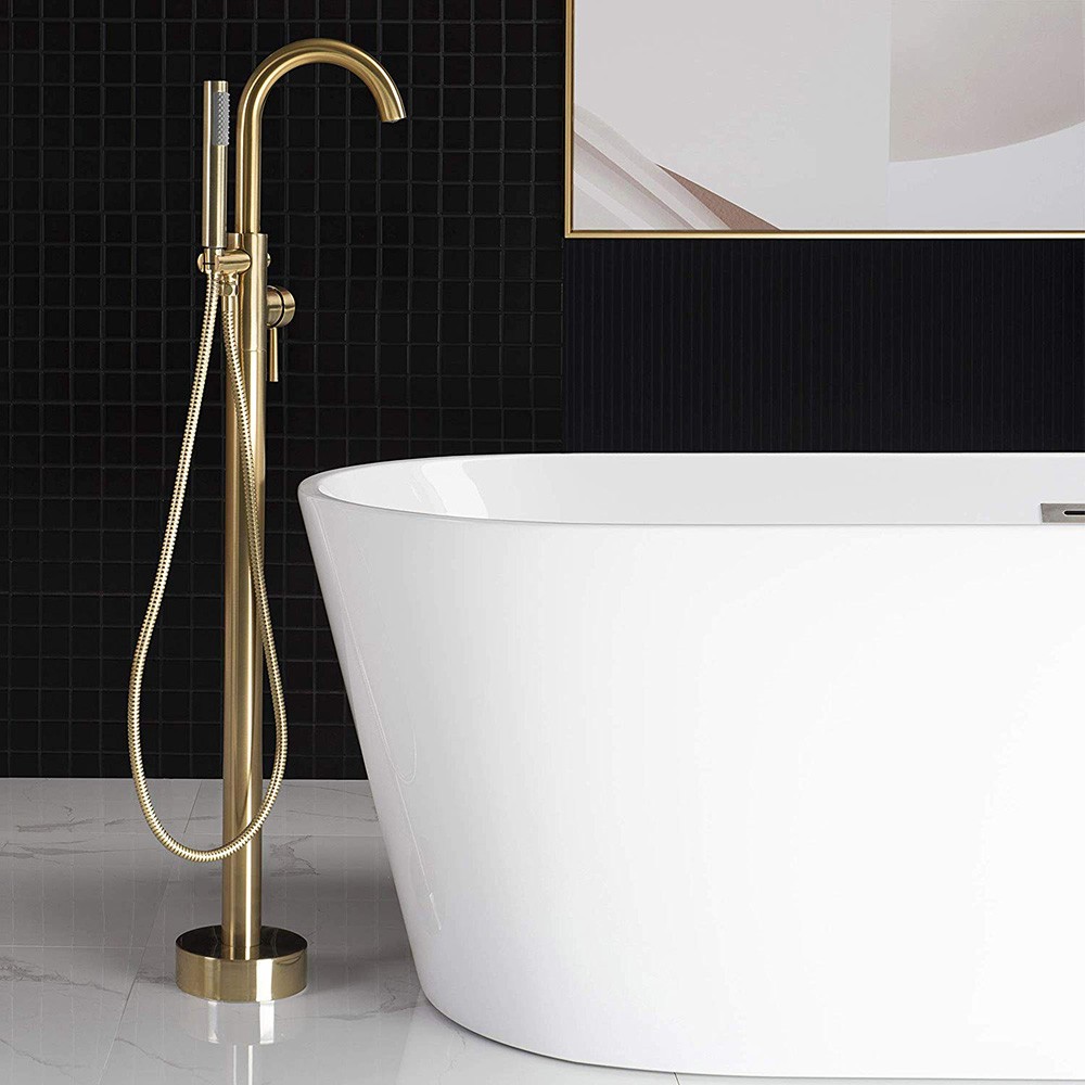  WOODBRIDGE F0007BGRD Contemporary Single Handle Floor Mount Freestanding Tub Filler Faucet with Hand shower in Brushed Gold Finish._10030