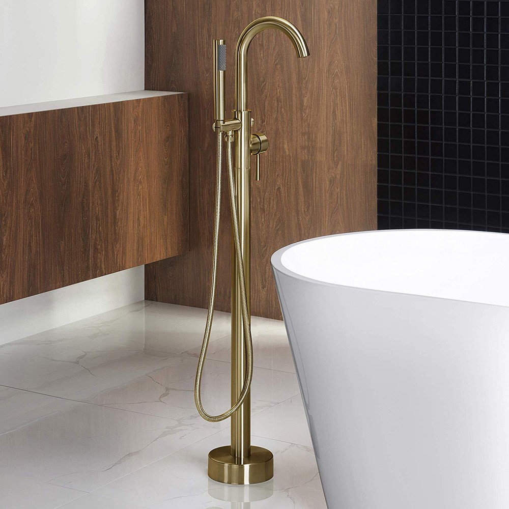  WOODBRIDGE F0007BGRD Contemporary Single Handle Floor Mount Freestanding Tub Filler Faucet with Hand shower in Brushed Gold Finish._10036