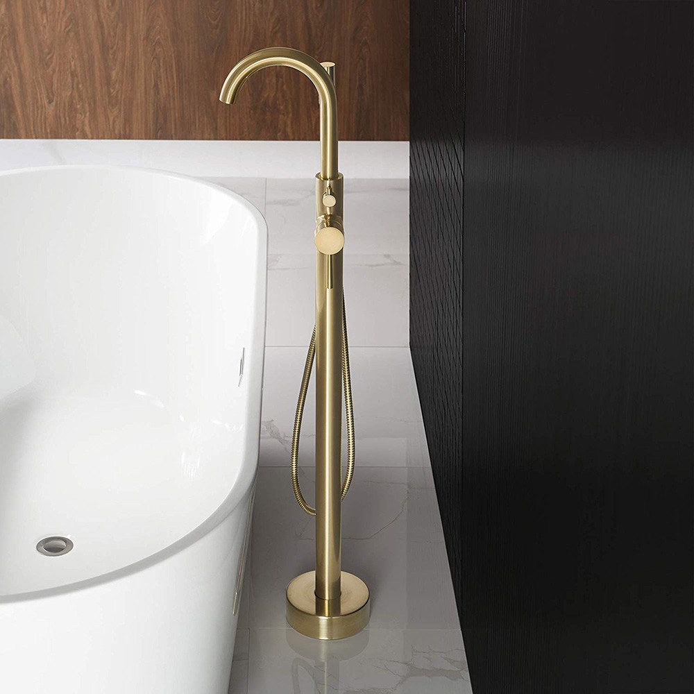  WOODBRIDGE F0007BGRD Contemporary Single Handle Floor Mount Freestanding Tub Filler Faucet with Hand shower in Brushed Gold Finish._10038