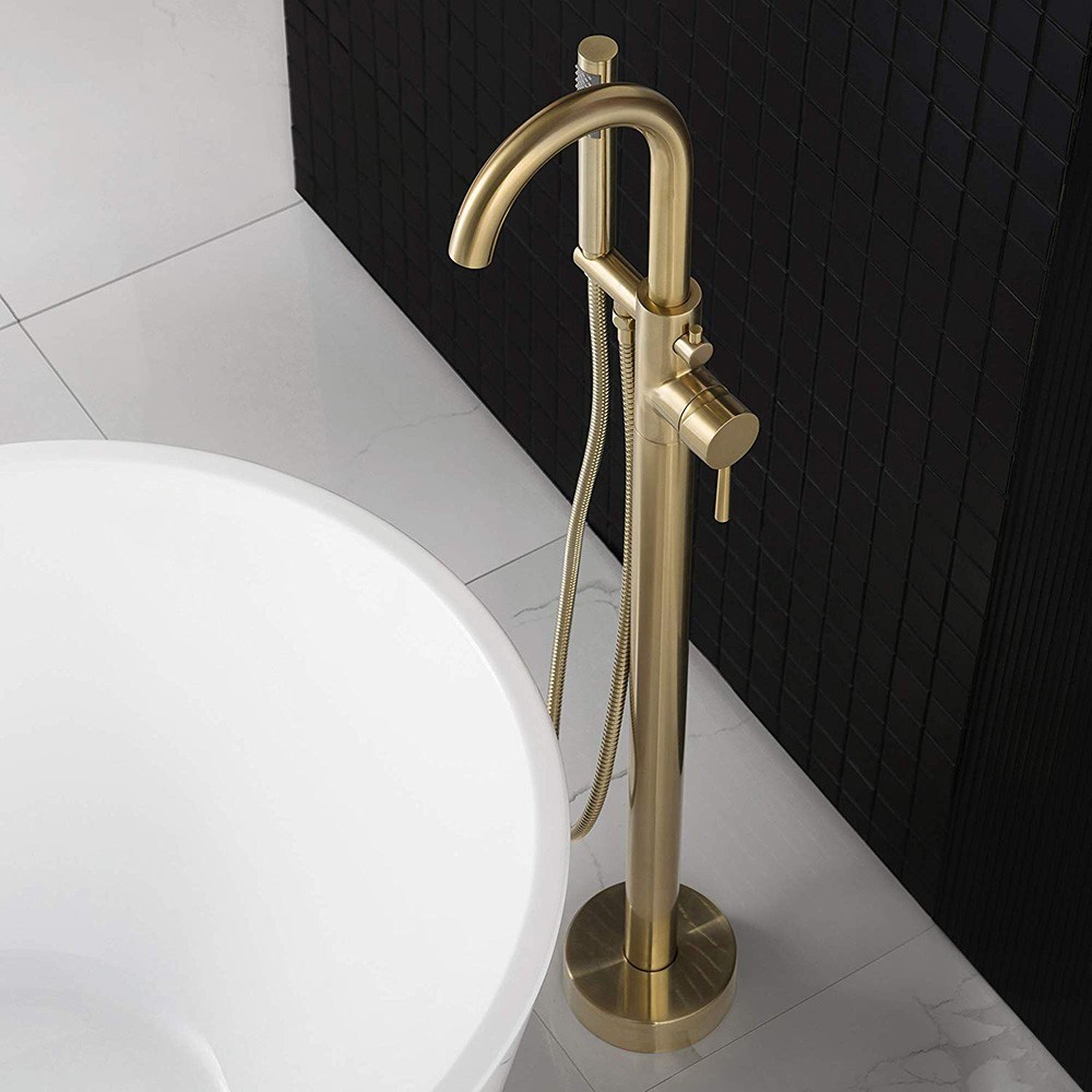  WOODBRIDGE F0007BGRD Contemporary Single Handle Floor Mount Freestanding Tub Filler Faucet with Hand shower in Brushed Gold Finish._10037