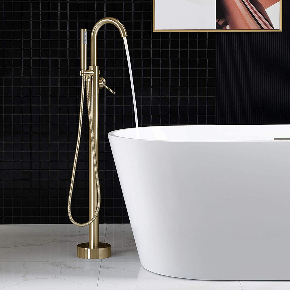 WOODBRIDGE F0007BGRD Contemporary Single Handle Floor Mount Freestanding Tub Filler Faucet with Hand shower in Brushed Gold Finish._10039