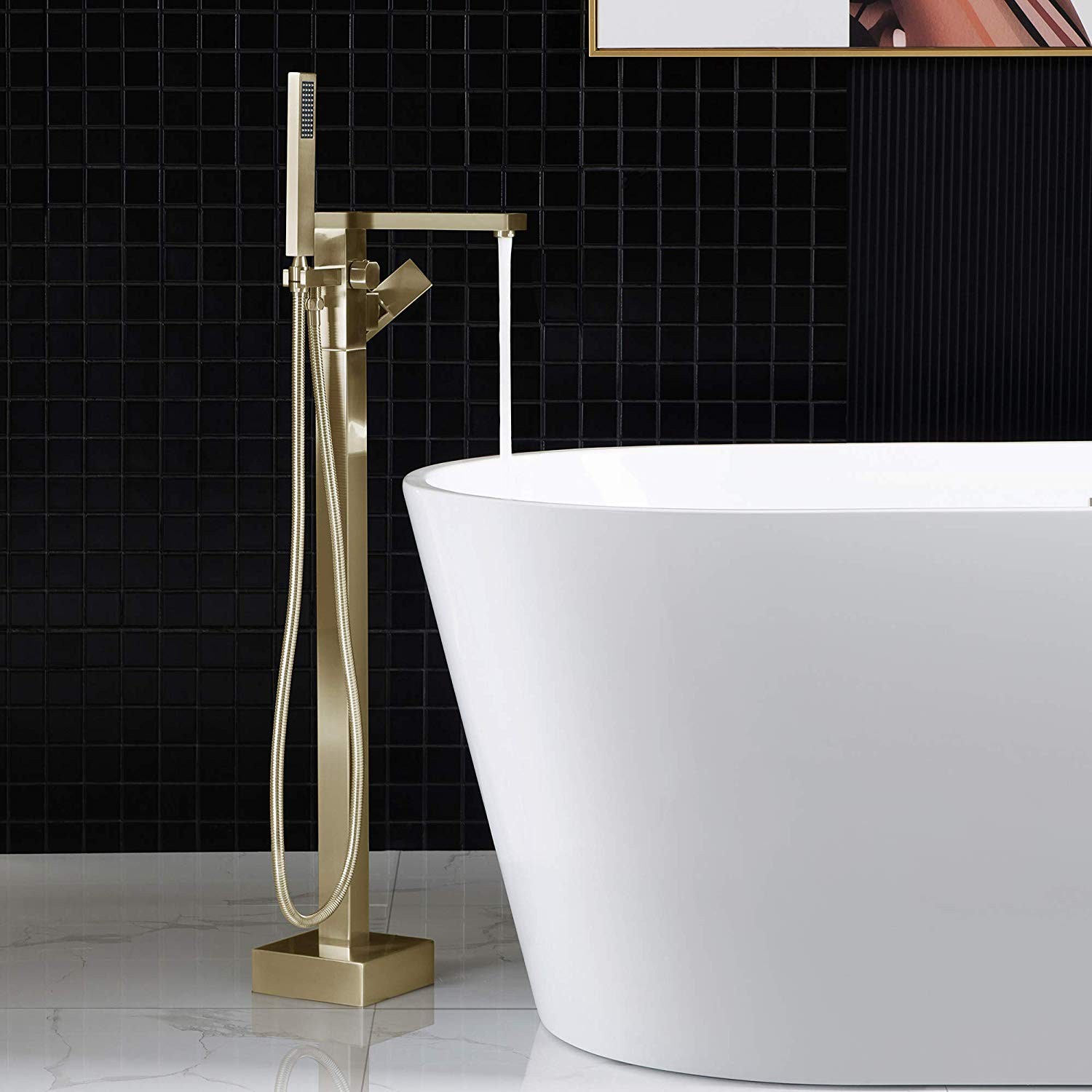  WOODBRIDGE F0008BG Contemporary Single Handle Floor Mount Freestanding Tub Filler Faucet with Hand shower in Brushed Gold Finish._10001