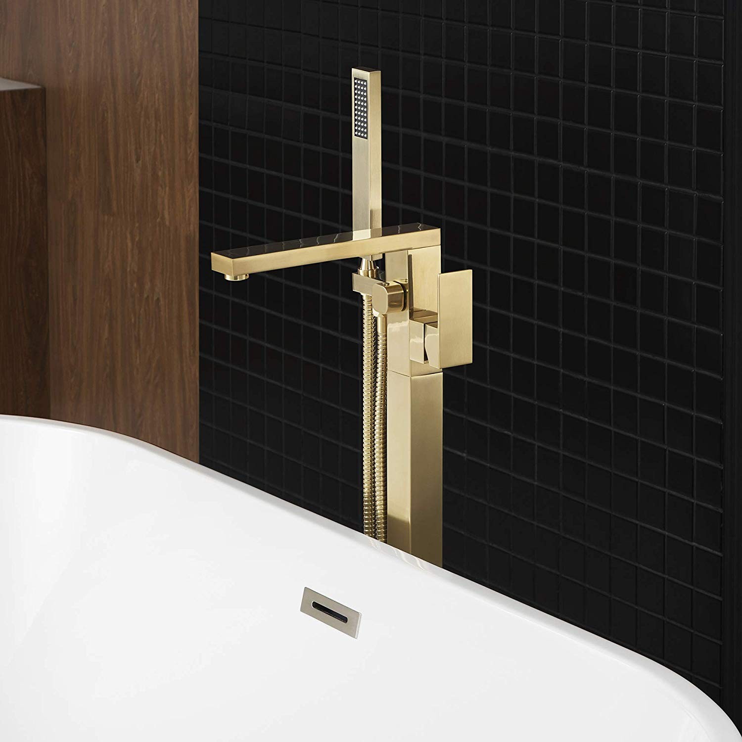  WOODBRIDGE F0008BG Contemporary Single Handle Floor Mount Freestanding Tub Filler Faucet with Hand shower in Brushed Gold Finish._10000