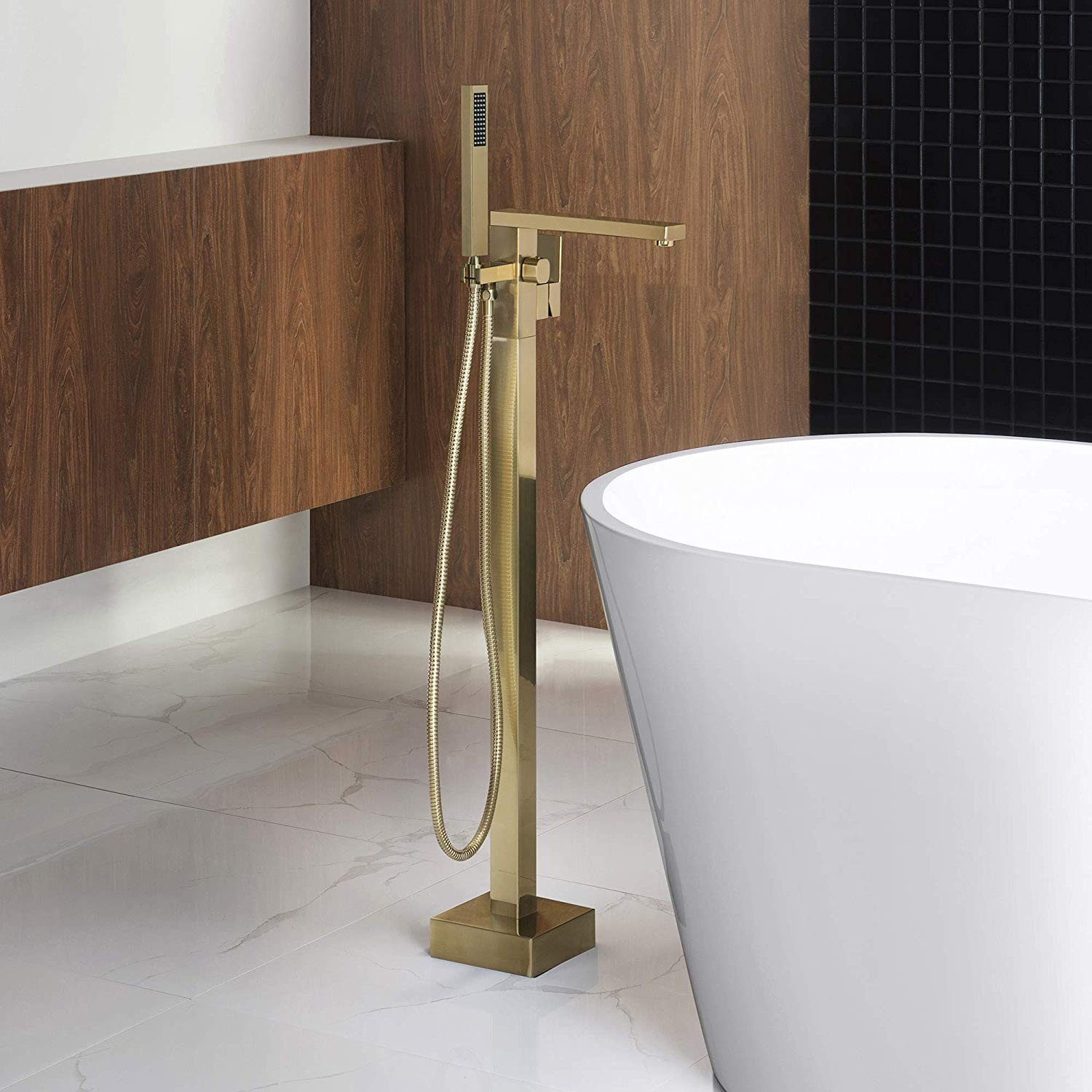  WOODBRIDGE F0008BG Contemporary Single Handle Floor Mount Freestanding Tub Filler Faucet with Hand shower in Brushed Gold Finish._10002