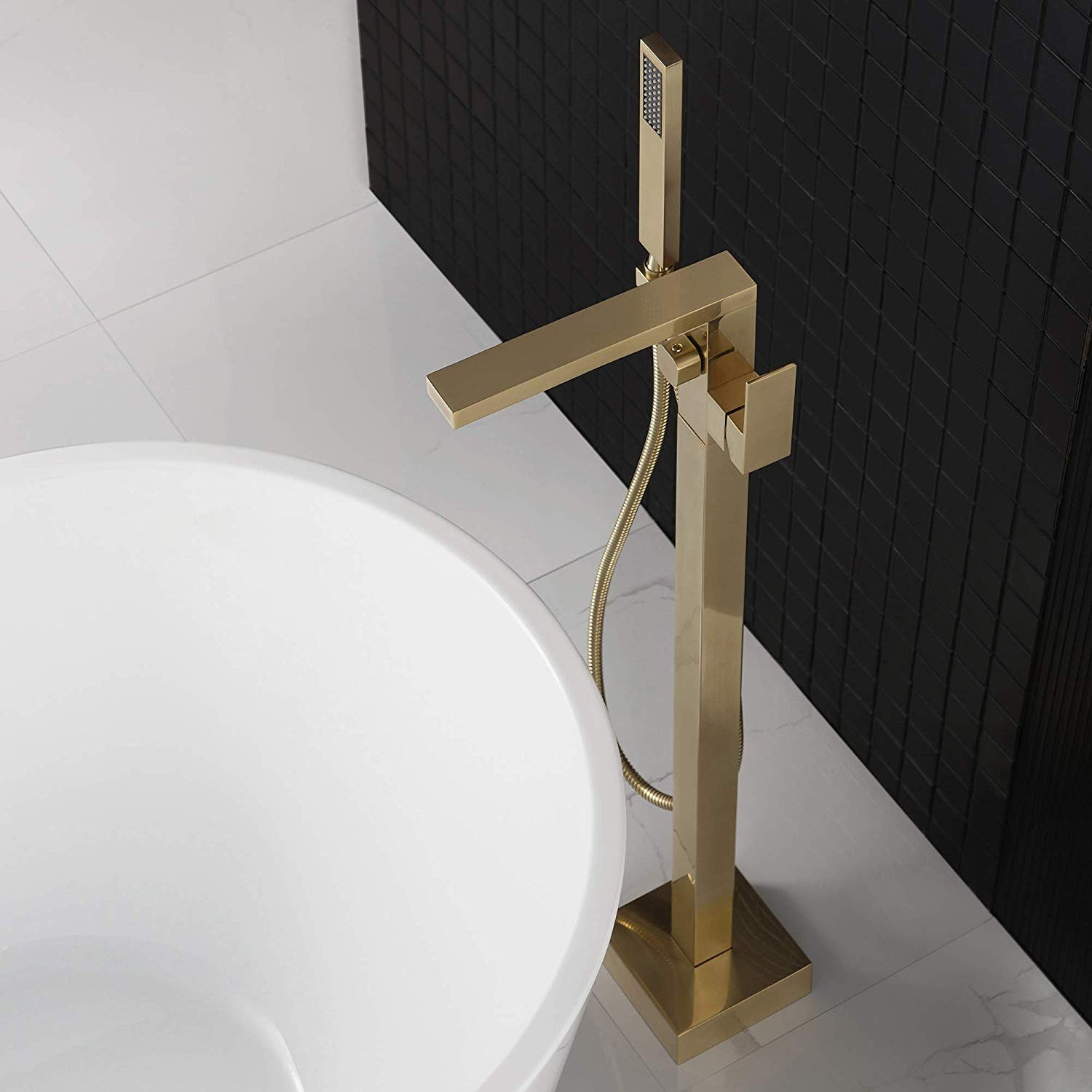  WOODBRIDGE F0008BG Contemporary Single Handle Floor Mount Freestanding Tub Filler Faucet with Hand shower in Brushed Gold Finish._10003