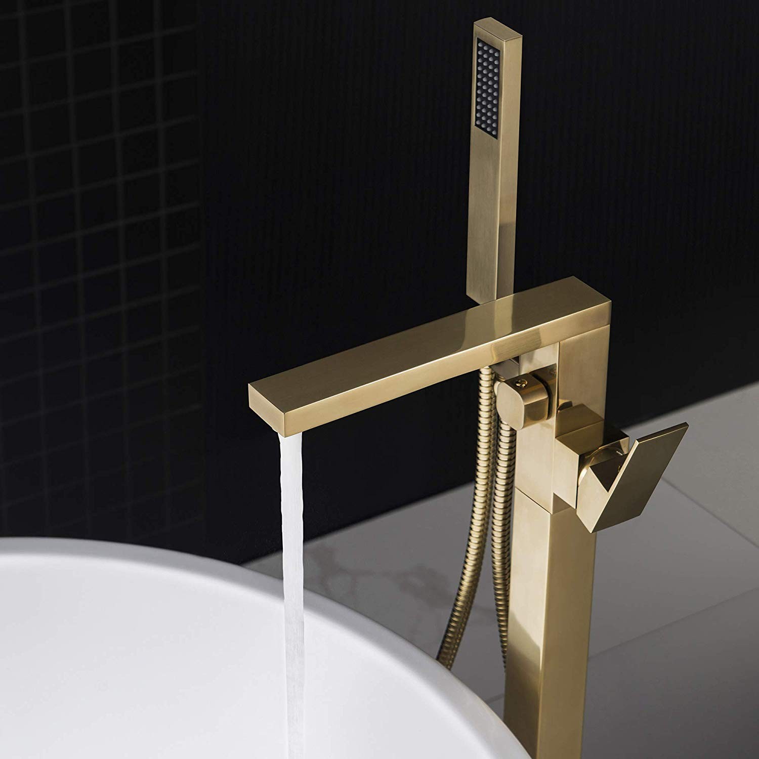  WOODBRIDGE F0008BG Contemporary Single Handle Floor Mount Freestanding Tub Filler Faucet with Hand shower in Brushed Gold Finish._10006