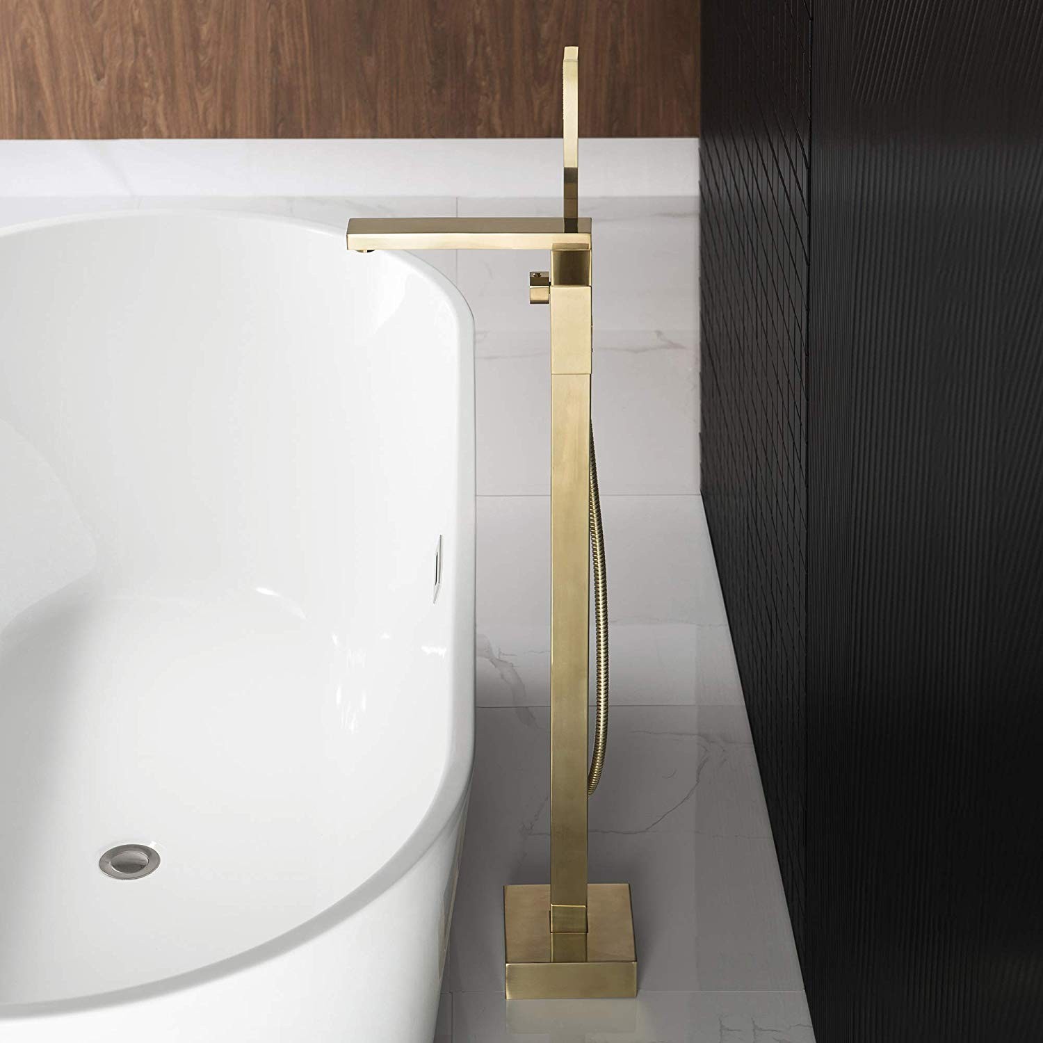  WOODBRIDGE F0008BG Contemporary Single Handle Floor Mount Freestanding Tub Filler Faucet with Hand shower in Brushed Gold Finish._10007