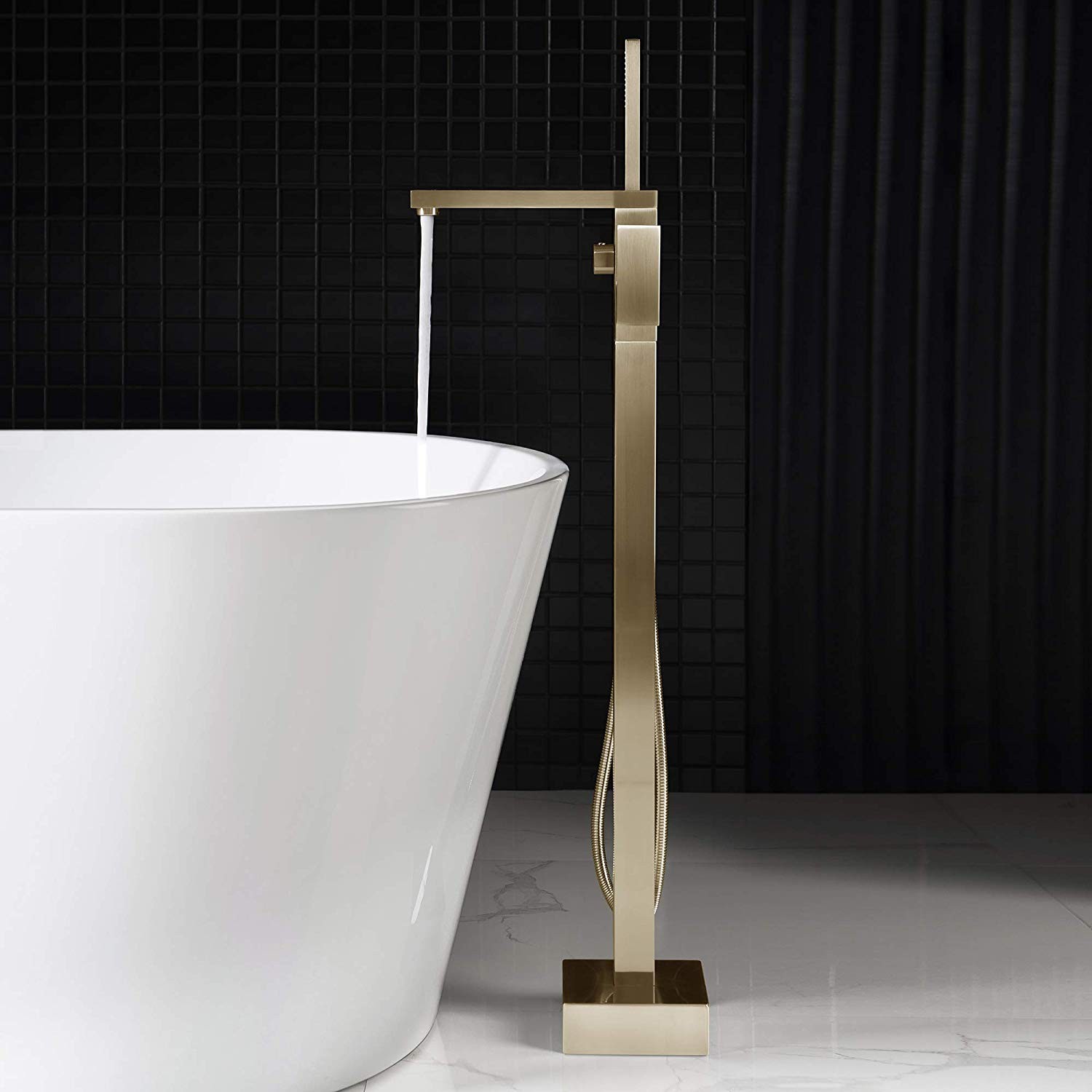  WOODBRIDGE F0008BG Contemporary Single Handle Floor Mount Freestanding Tub Filler Faucet with Hand shower in Brushed Gold Finish._10008