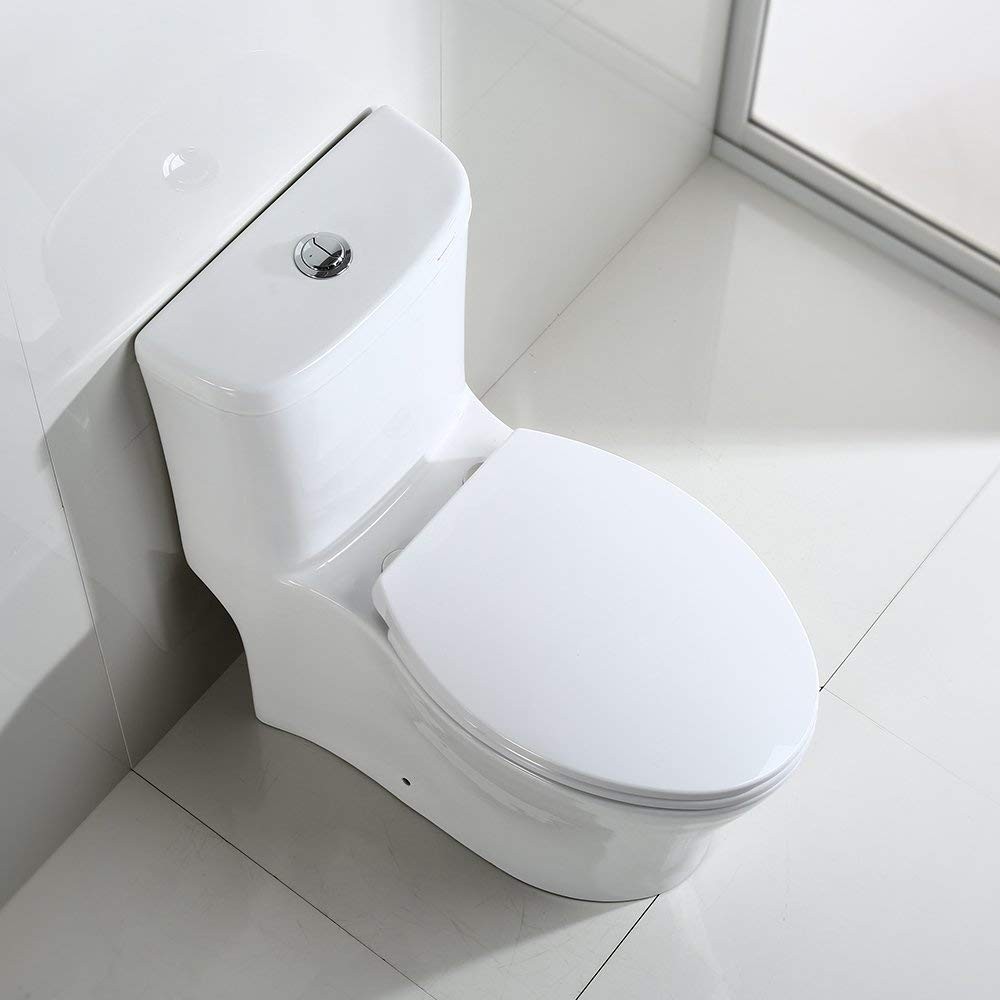 ᐅ【WOODBRIDGE Moder Design, Elongated One piece Toilet Dual flush 1.0/1.6  GPF,with Soft Closing Seat, white, T-0032-WOODBRIDGE】