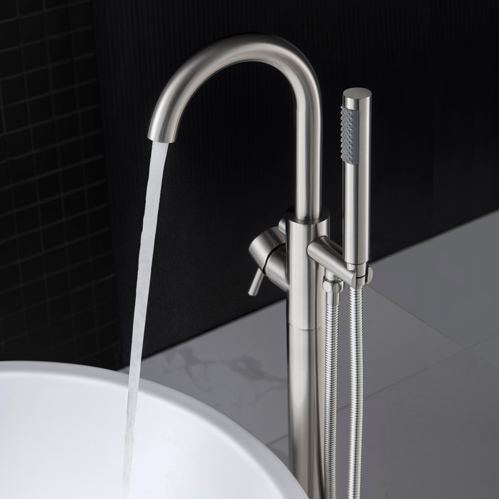  WOODBRIDGE F0001BNRD Contemporary Single Handle Floor Mount Freestanding Tub Filler Faucet with Hand shower in Brushed Nickel Finish._11094