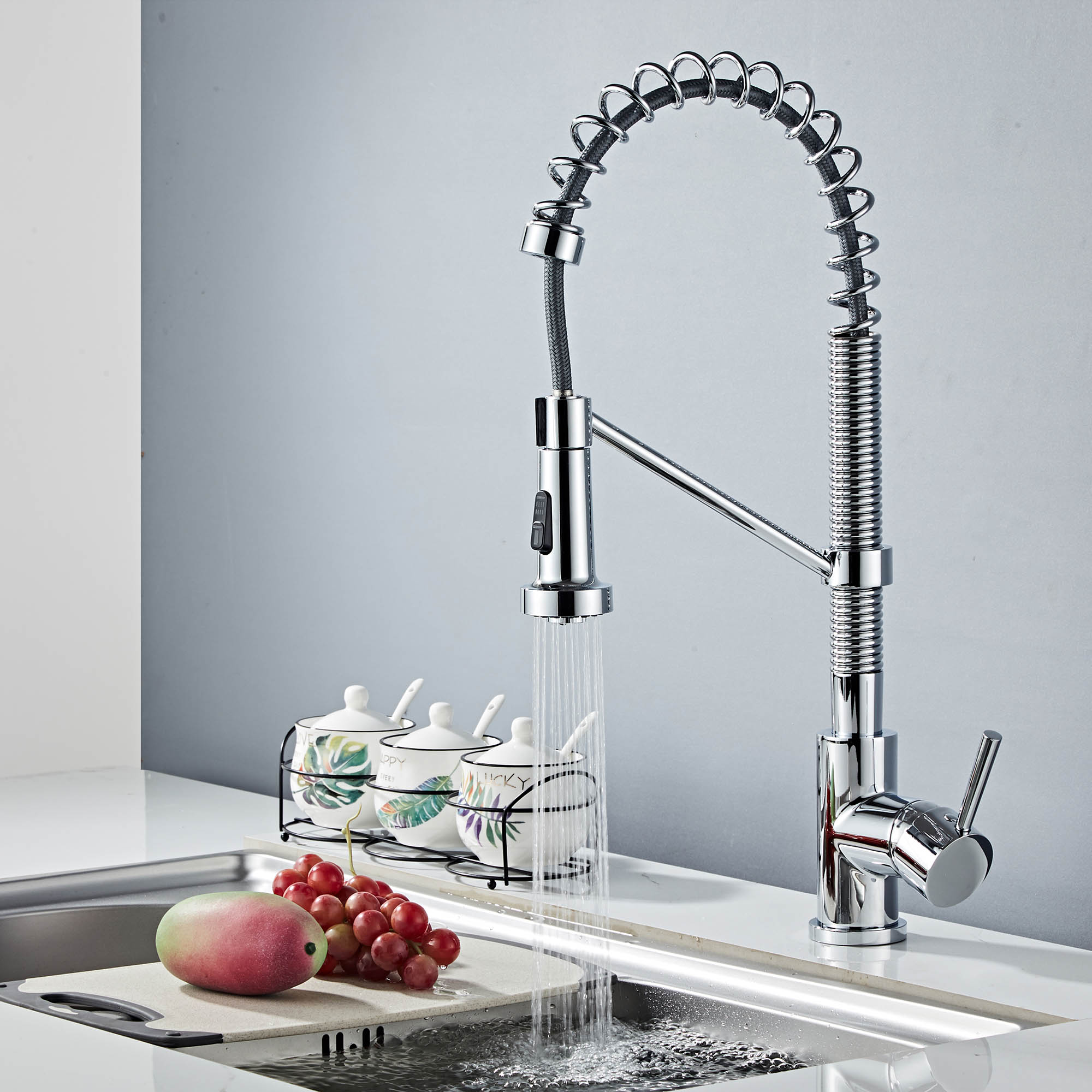 WOODBRIDGE WK010203CH Stainless Steel Single Handle Spring Coil Pre-Rinse Kitchen Faucet with Pull Down Sprayer, Chrome Finish