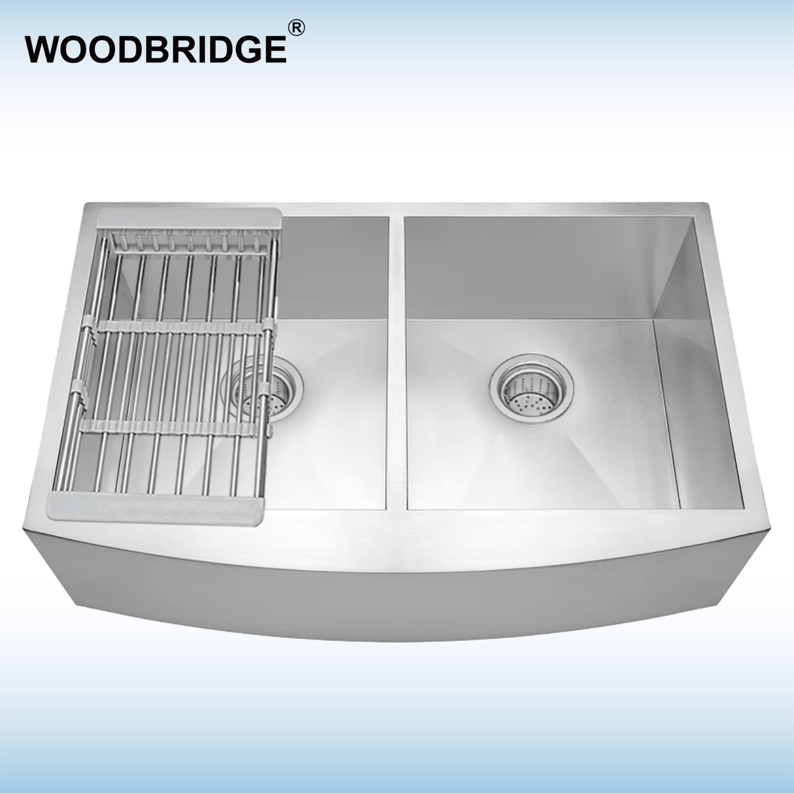  WOODBRIDGE Kitchen Sink, 60/40 Double Bowl,36 Inch Round Apron,2 Holes, Stainless Steel MKF3621D_9366