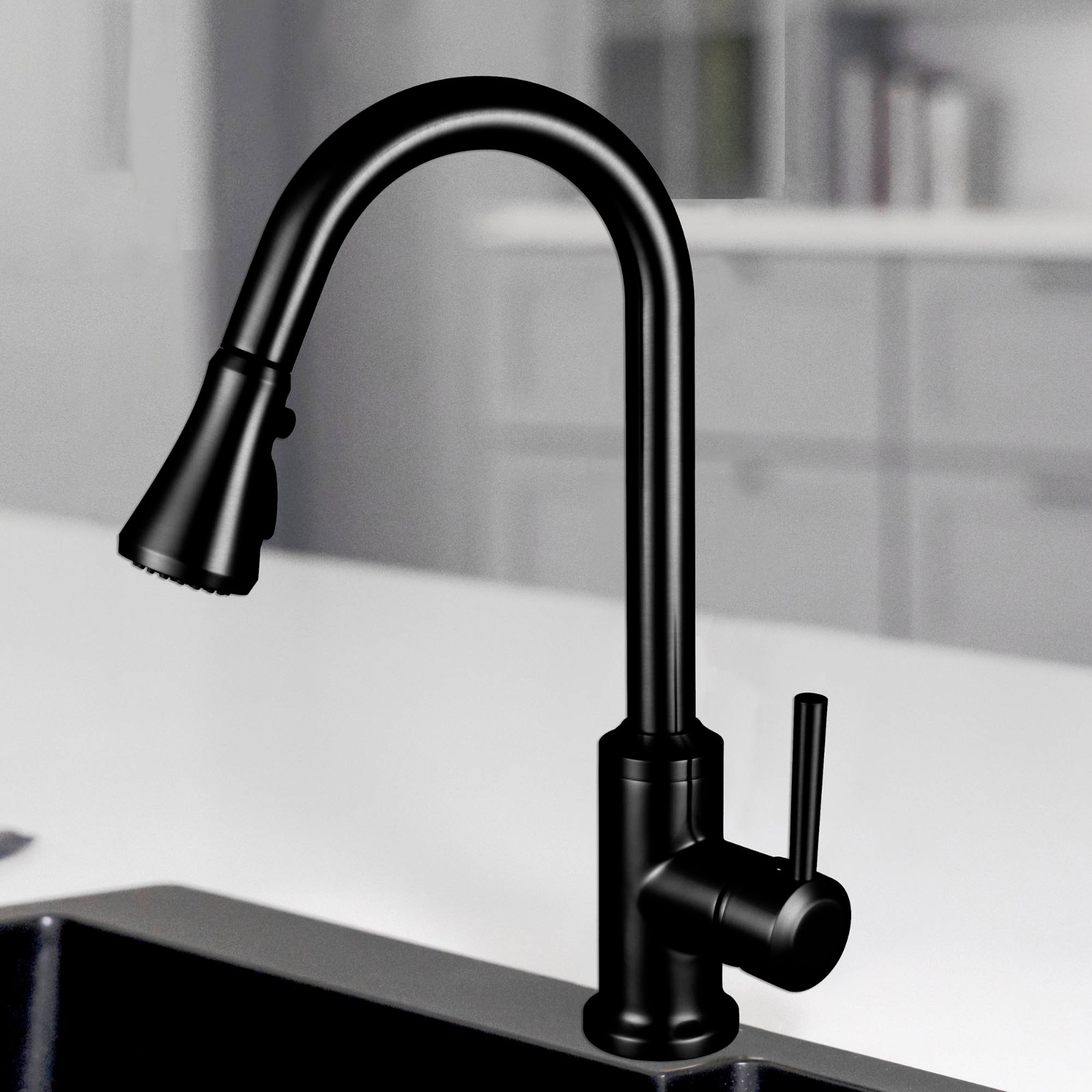  WOODBRIDGE WK101201BL Stainless Steel Single Handle Pull Down Kitchen Faucet in Matte Black Finish._9016