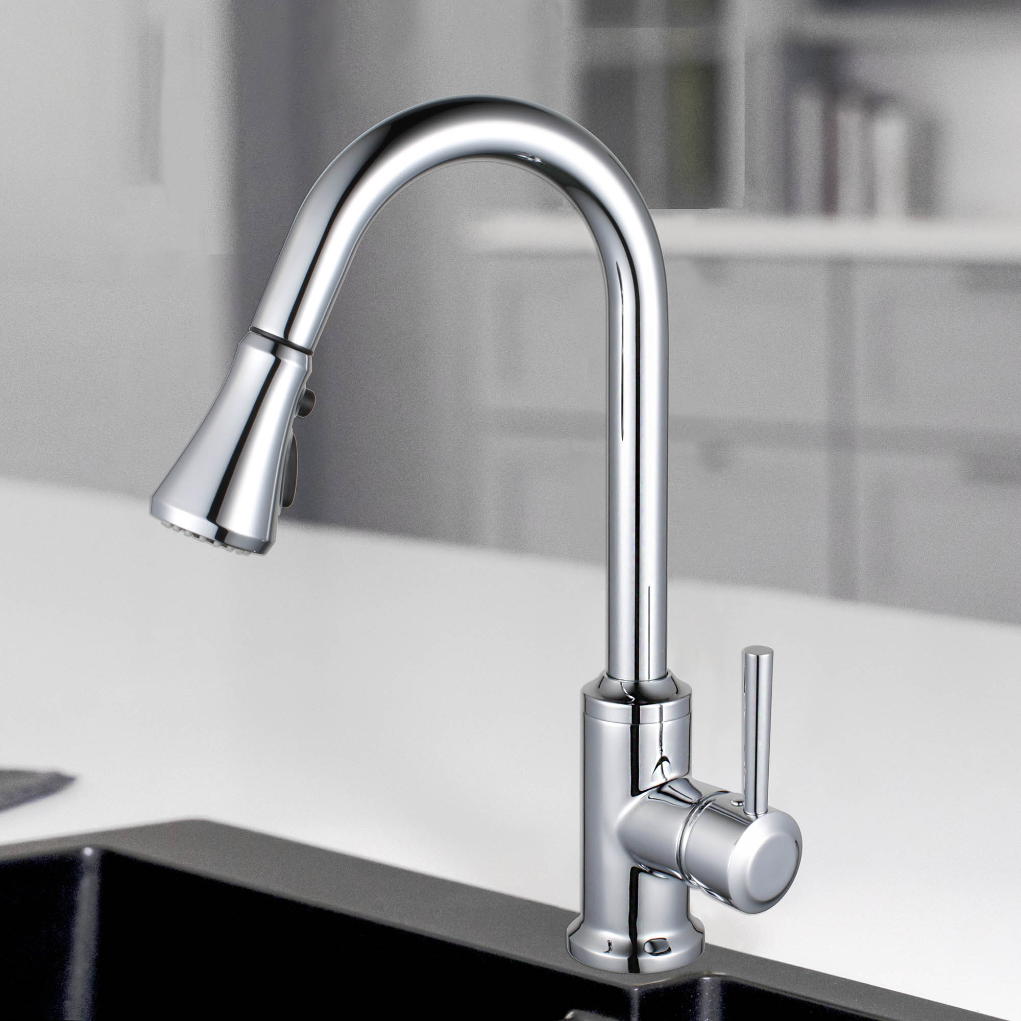 WOODBRIDGE WK101201CH Stainless Steel Single Handle Pull Down Kitchen Faucet in Chrome Finish.