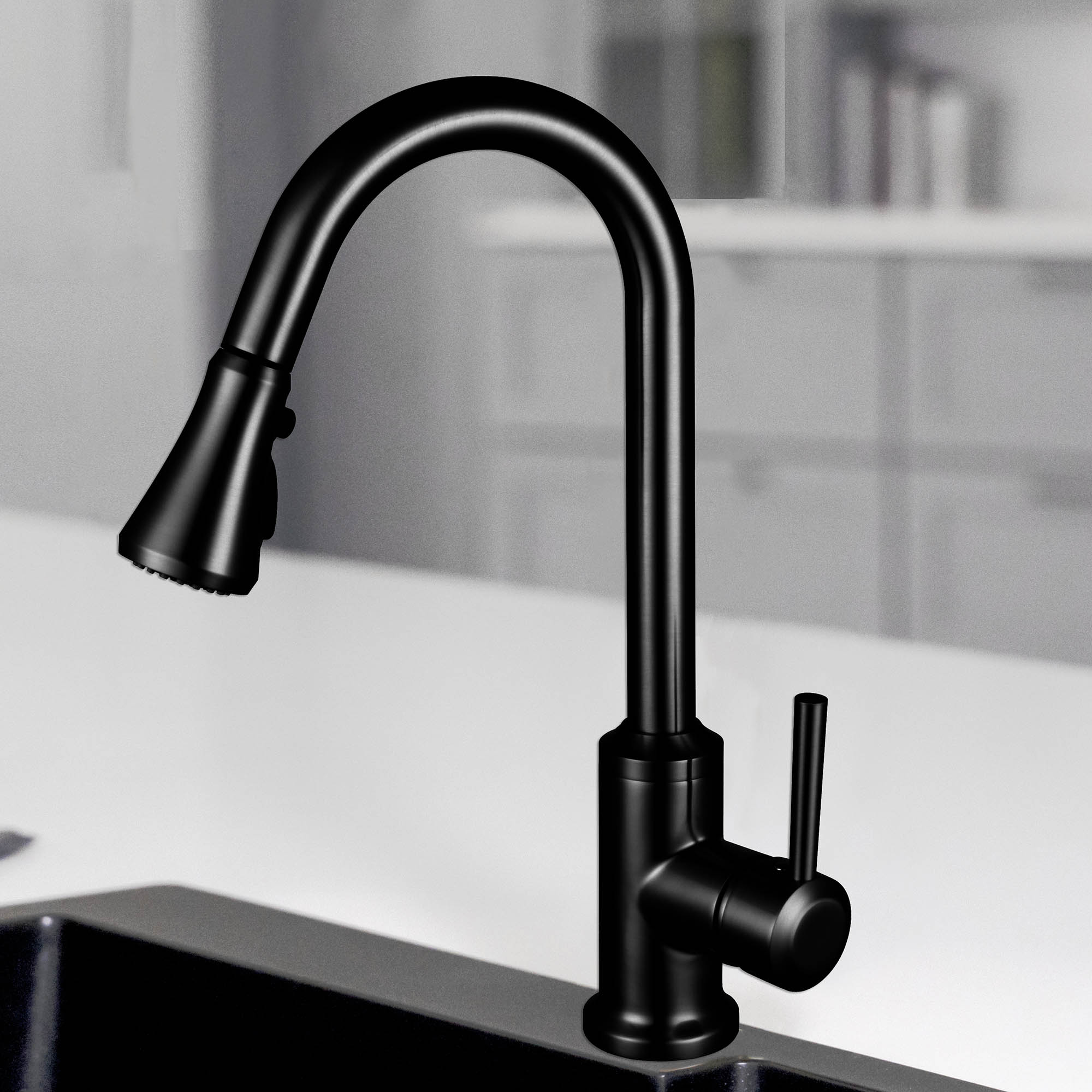 WOODBRIDGE WK101201BL Stainless Steel Single Handle Pull Down Kitchen Faucet in Matte Black Finish.
