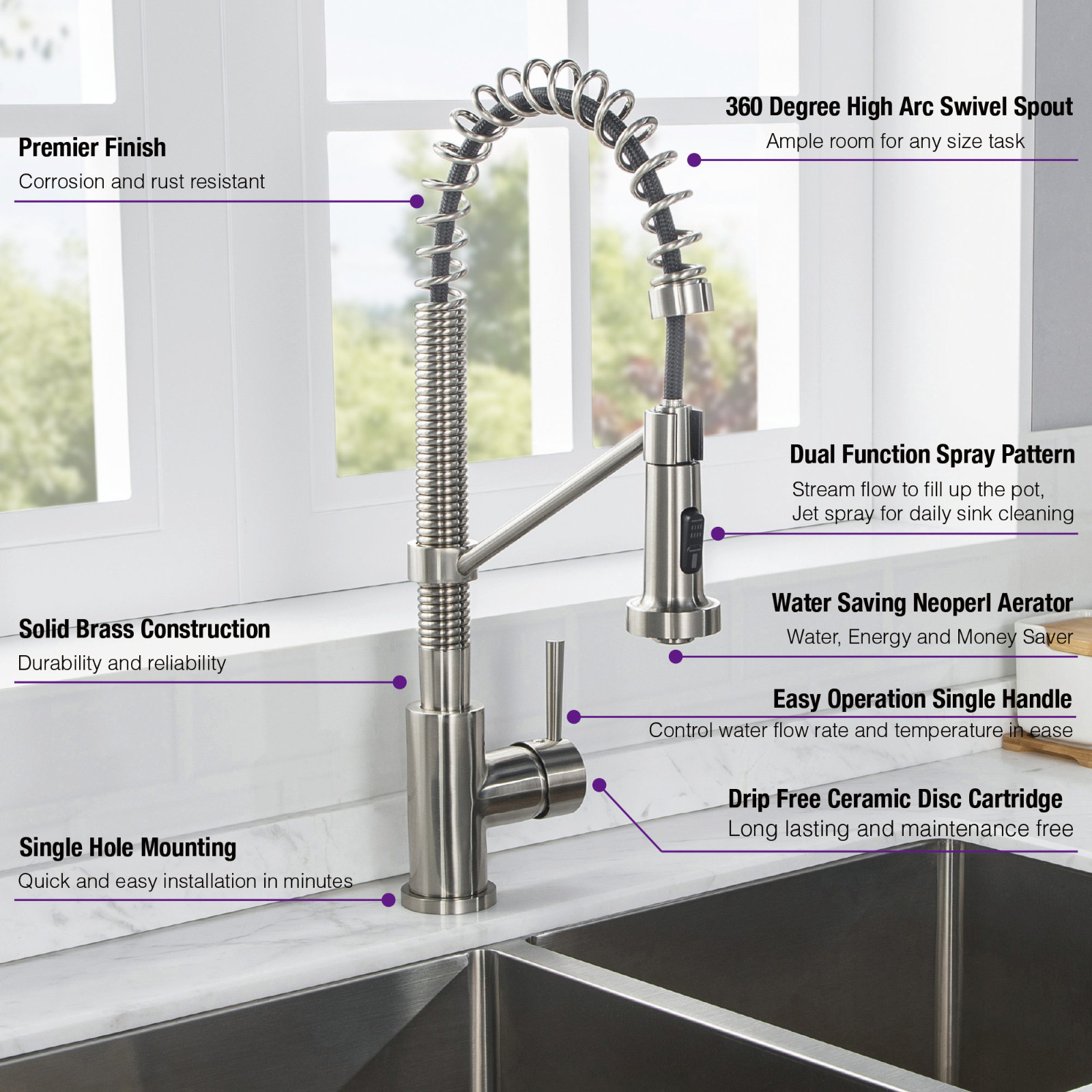  WOODBRIDGE WK010203BN Stainless Steel Single Handle Spring Coil Pre-Rinse Kitchen Faucet with Pull Down Sprayer, Brushed Nickel Finish_9467