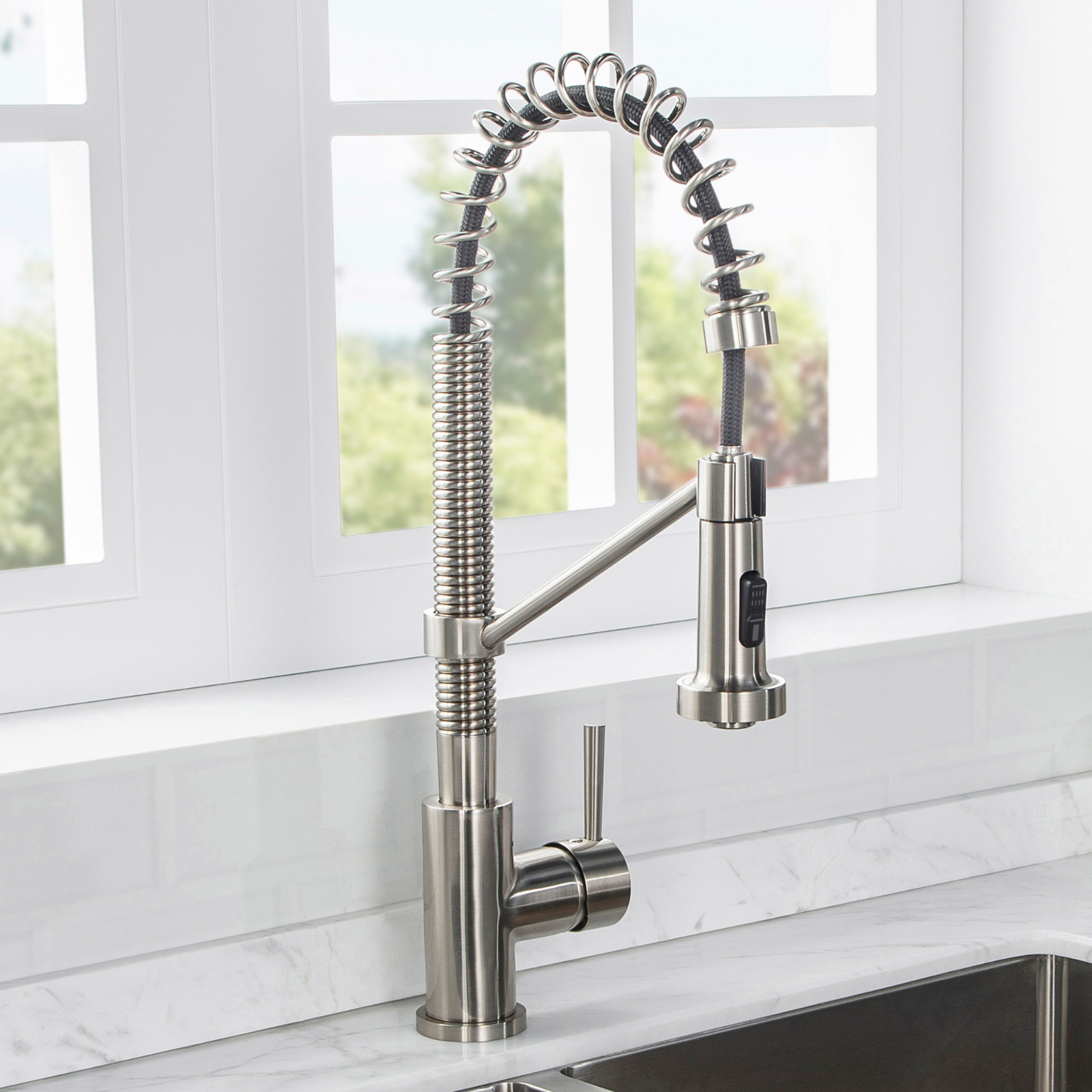  WOODBRIDGE WK010203BN Stainless Steel Single Handle Spring Coil Pre-Rinse Kitchen Faucet with Pull Down Sprayer, Brushed Nickel Finish_9466