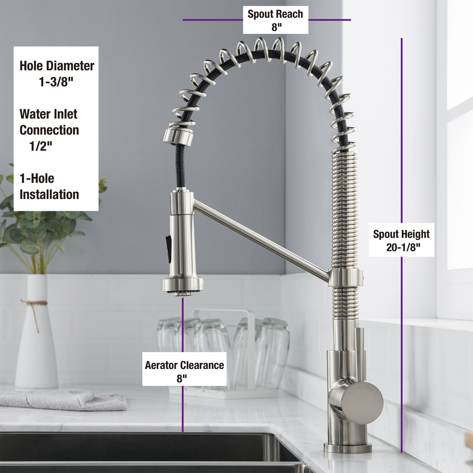  WOODBRIDGE WK010203BN Stainless Steel Single Handle Spring Coil Pre-Rinse Kitchen Faucet with Pull Down Sprayer, Brushed Nickel Finish_9468