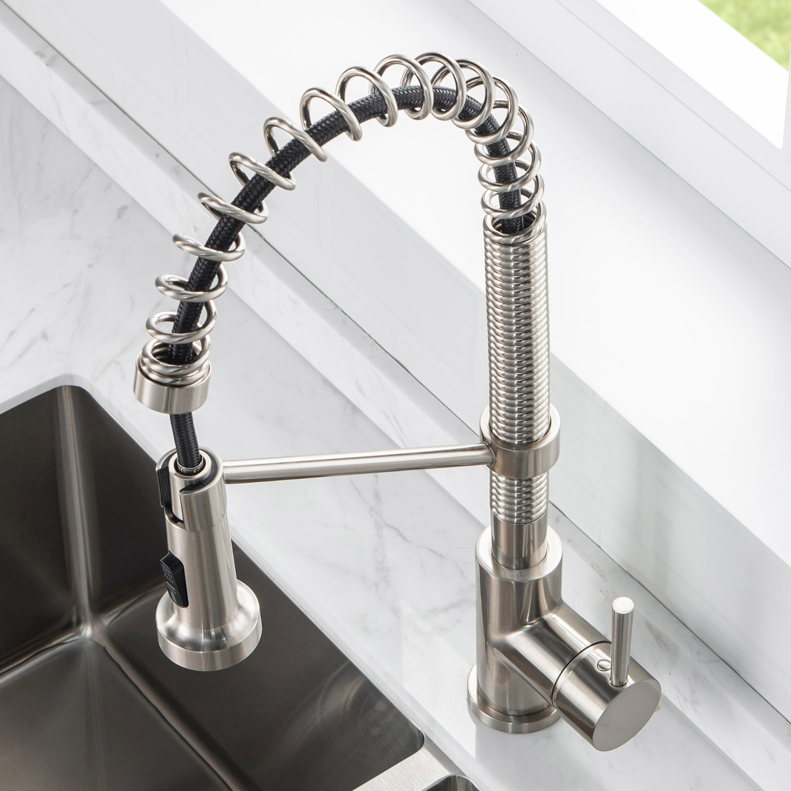  WOODBRIDGE WK010203BN Stainless Steel Single Handle Spring Coil Pre-Rinse Kitchen Faucet with Pull Down Sprayer, Brushed Nickel Finish_9480