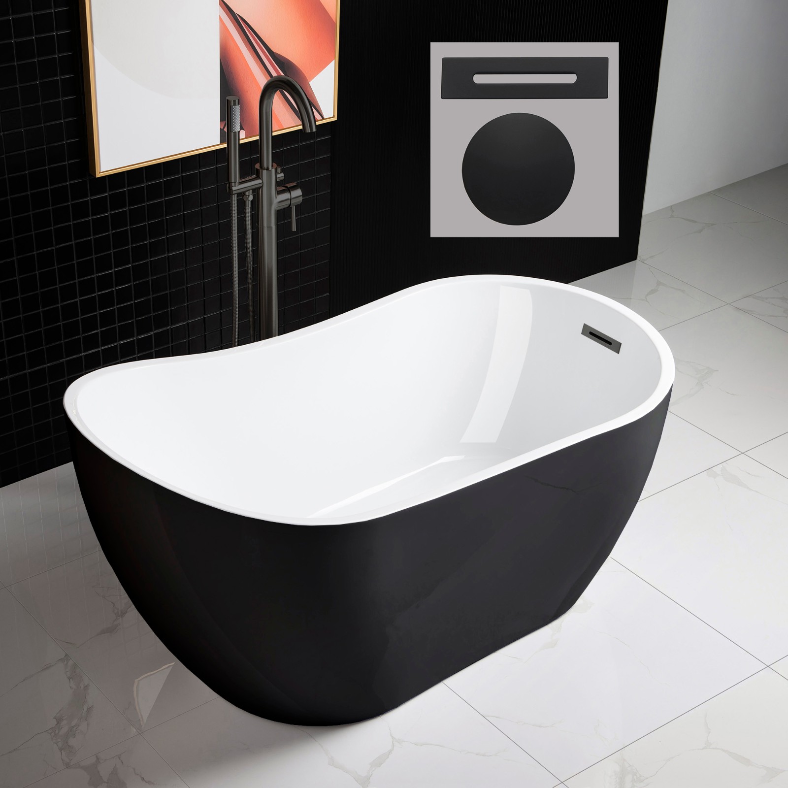  WOODBRIDGE B-1807 Acrylic Freestanding Contemporary Soaking Tub with Matte Black Overflow and Drain BTA1807-MB, 54