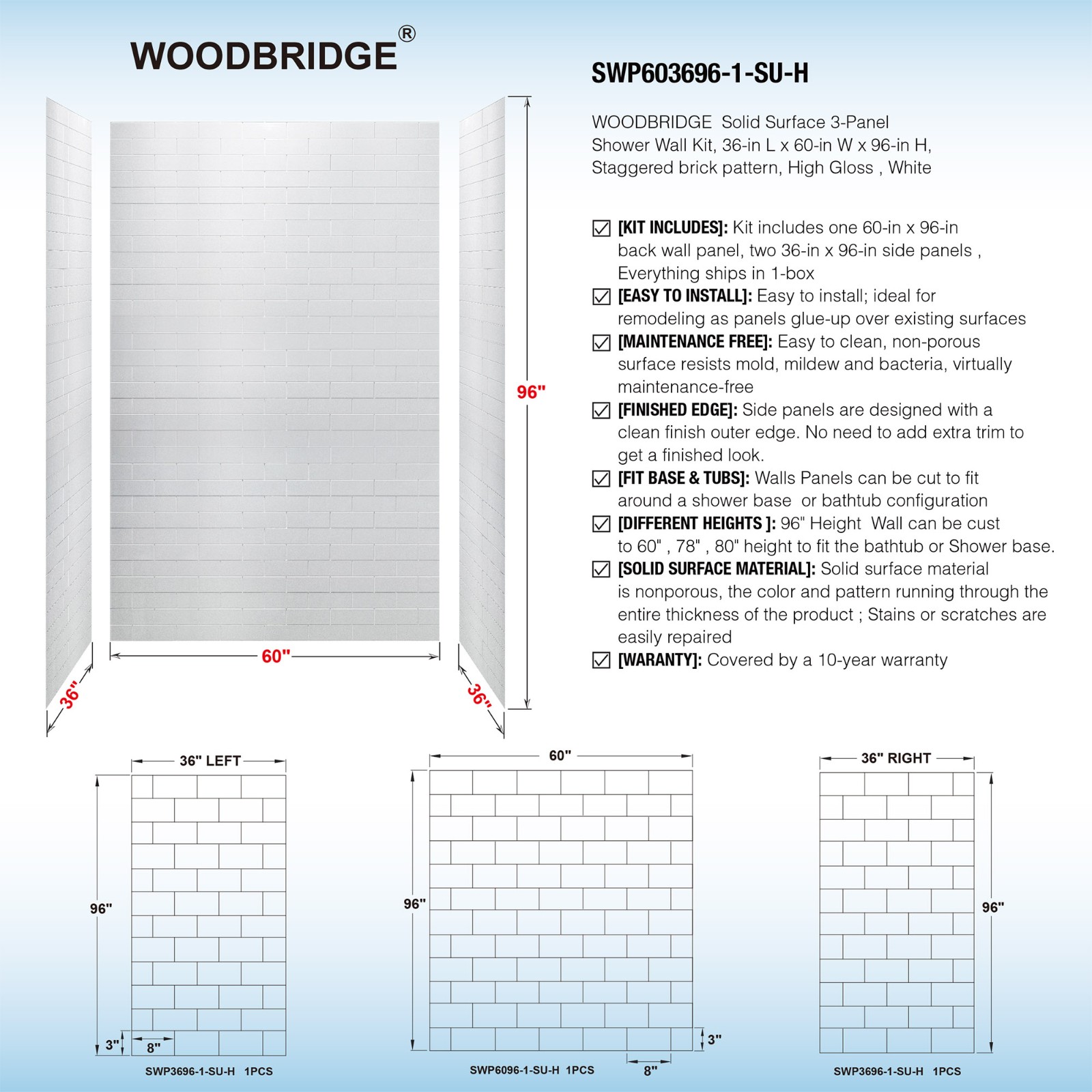  WOODBRIDGE SWP603696-1-SU-H Solid Surface 3-Panel Shower Wall Kit, 36-in L x 60-in W x 96-in H, Staggered Brick Pattern, High Gloss, White_8477