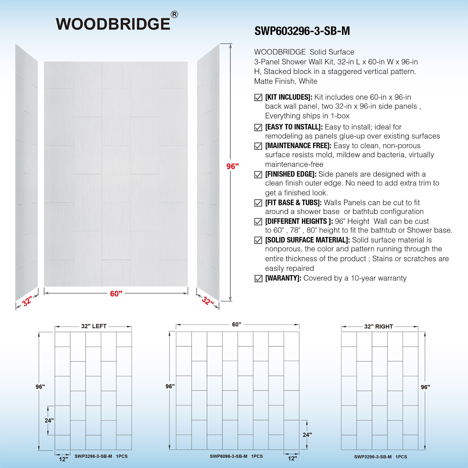  WOODBRIDGE SWP603296-3-SB-M Solid Surface 3-Panel Shower Wall Kit, 32-in L x 60-in W x 96-in H, Stacked Block in a Staggered Vertical Pattern. Matte Finish, White_8468