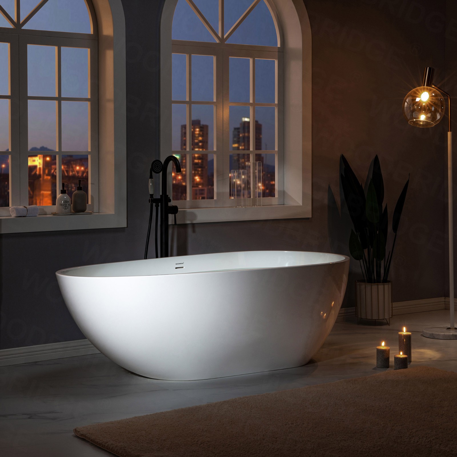  WOODBRIDGE 67 in. Freestanding Double Ended Solid Surface Soaking Bathtub with Center Drain Assembly and Overflow, B0050/BTA0050, Glossy White_8424