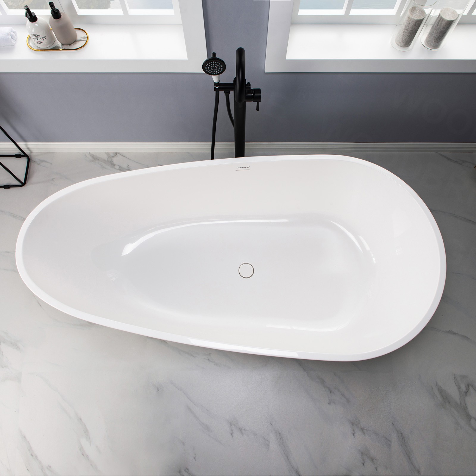  WOODBRIDGE 67 in. Freestanding Double Ended Solid Surface Soaking Bathtub with Center Drain Assembly and Overflow, B0050/BTA0050, Glossy White_8430