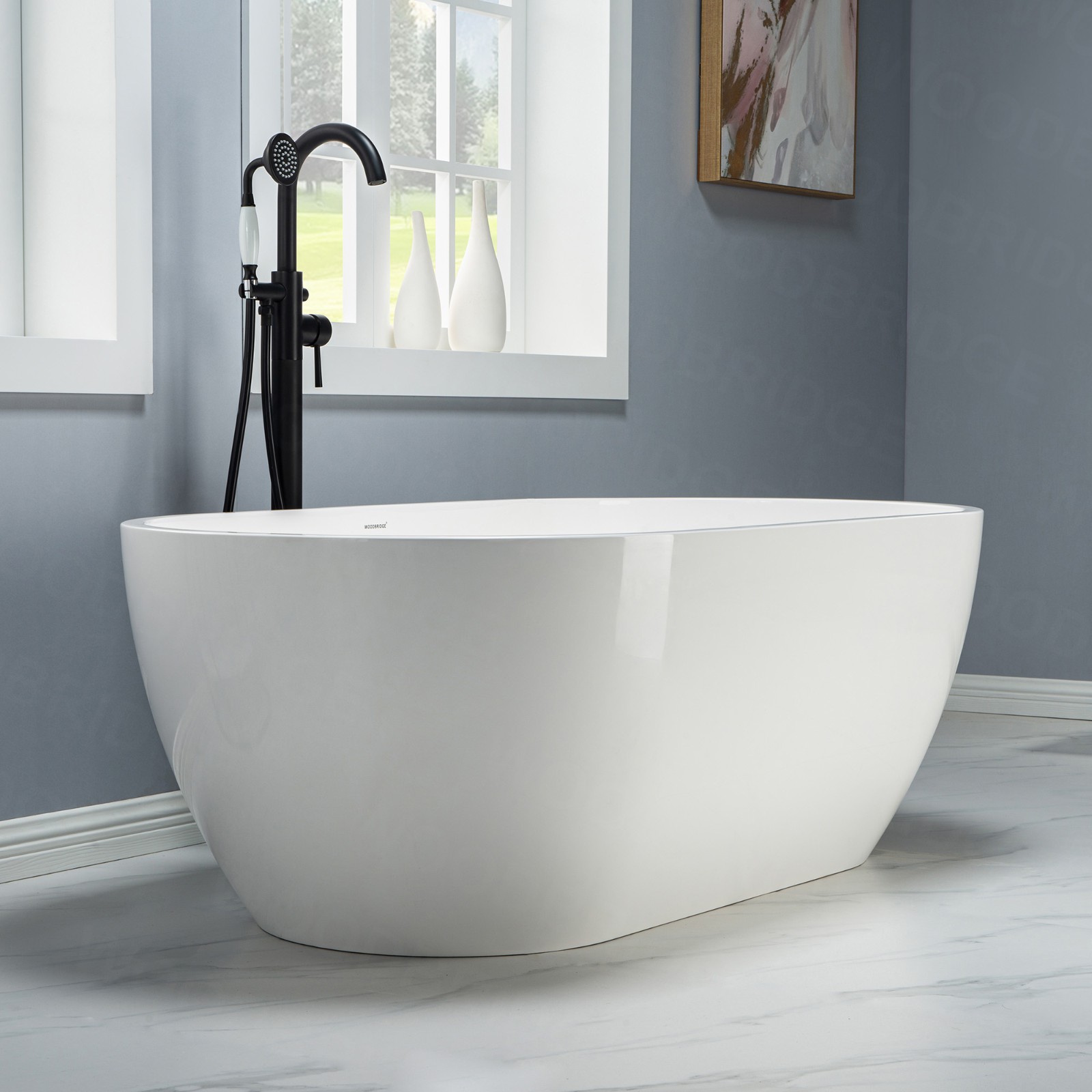  WOODBRIDGE 63 in. Freestanding Double Ended Solid Surface Soaking Bathtub with Center Drain Assembly and Overflow, B--51/BTA0051, Glossy White_8409
