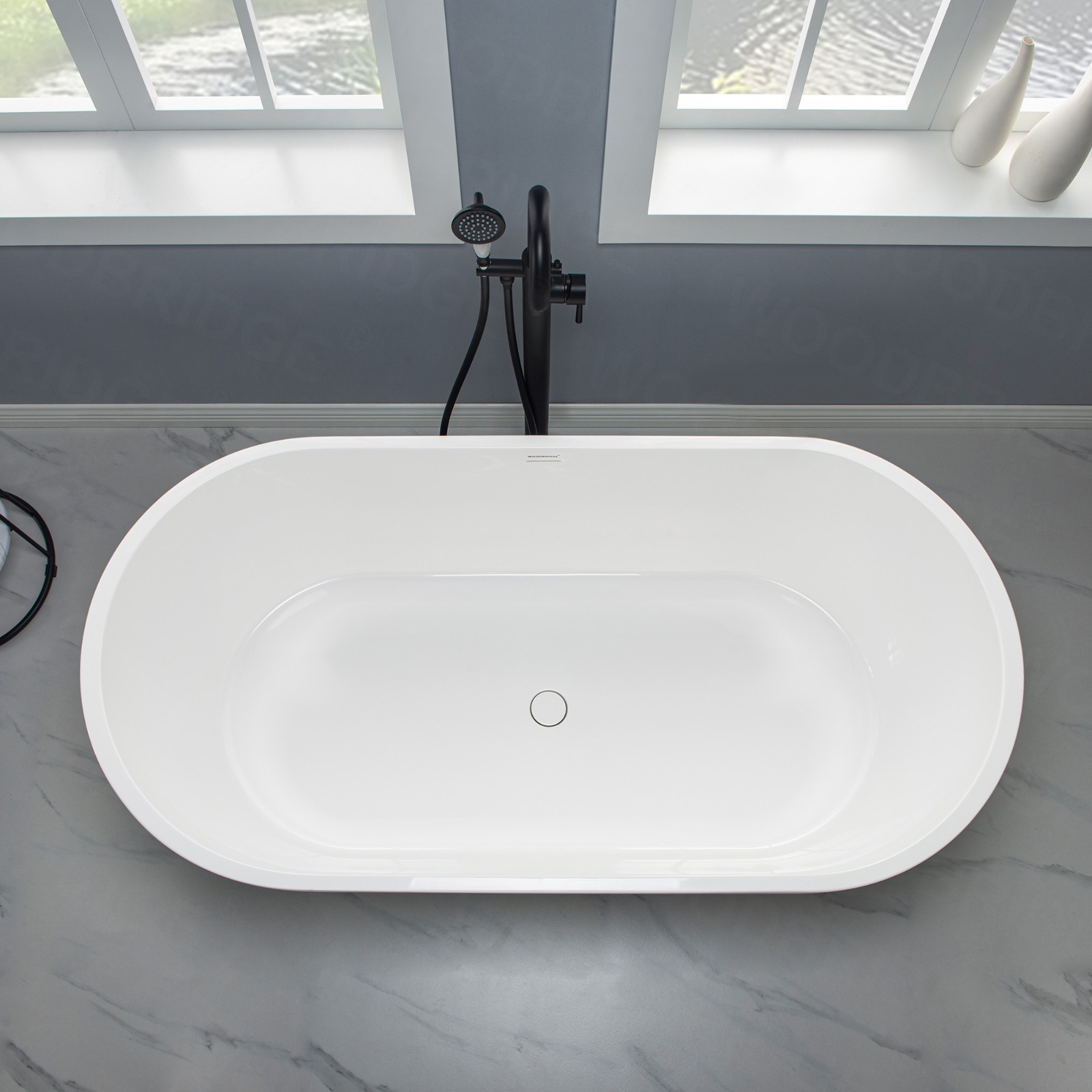  WOODBRIDGE 63 in. Freestanding Double Ended Solid Surface Soaking Bathtub with Center Drain Assembly and Overflow, B--51/BTA0051, Glossy White_8410