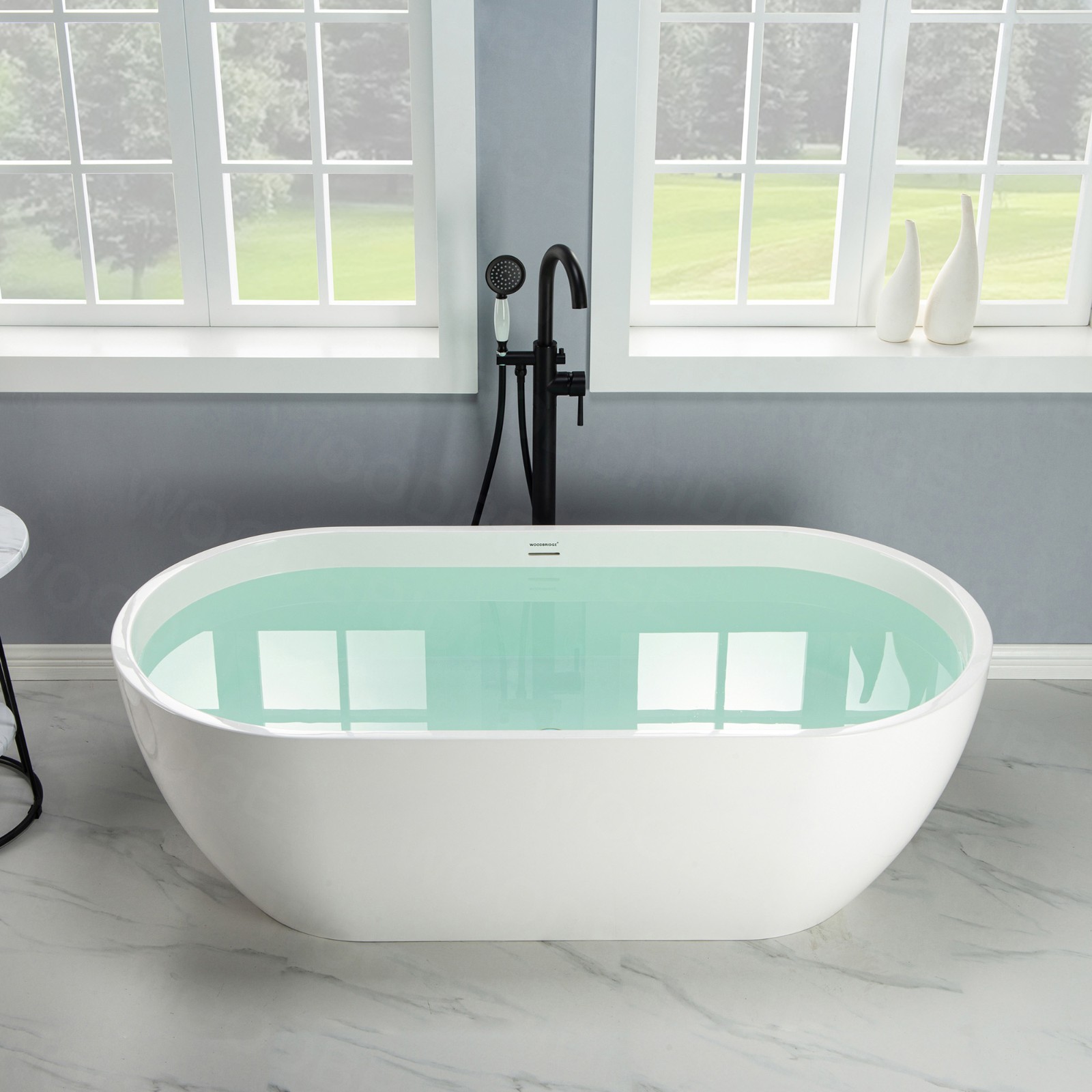  WOODBRIDGE 63 in. Freestanding Double Ended Solid Surface Soaking Bathtub with Center Drain Assembly and Overflow, B--51/BTA0051, Glossy White_8413