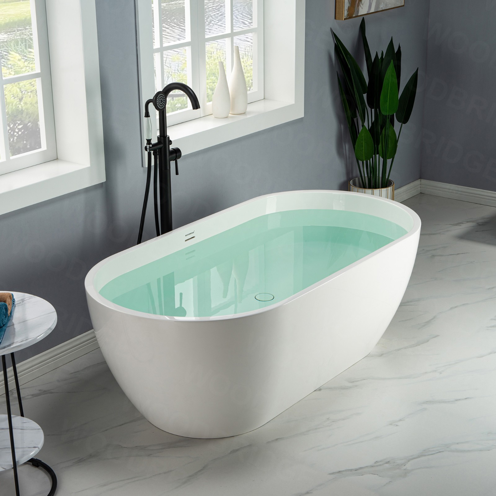  WOODBRIDGE 63 in. Freestanding Double Ended Solid Surface Soaking Bathtub with Center Drain Assembly and Overflow, B--51/BTA0051, Glossy White_8422