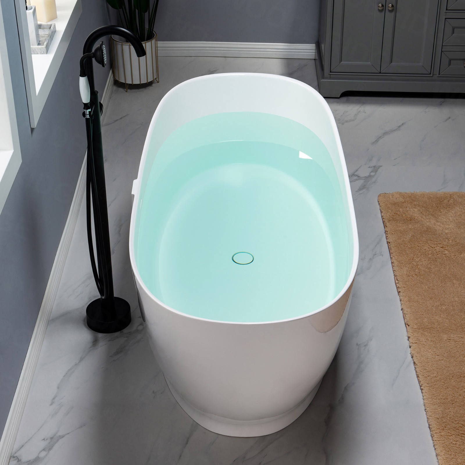  WOODBRIDGE 66 in. Freestanding Solid Surface Double Slipper Soaking Bathtub with Center Drain Assembly and Overflow, B0052/BTA0052, Glossy White_8383