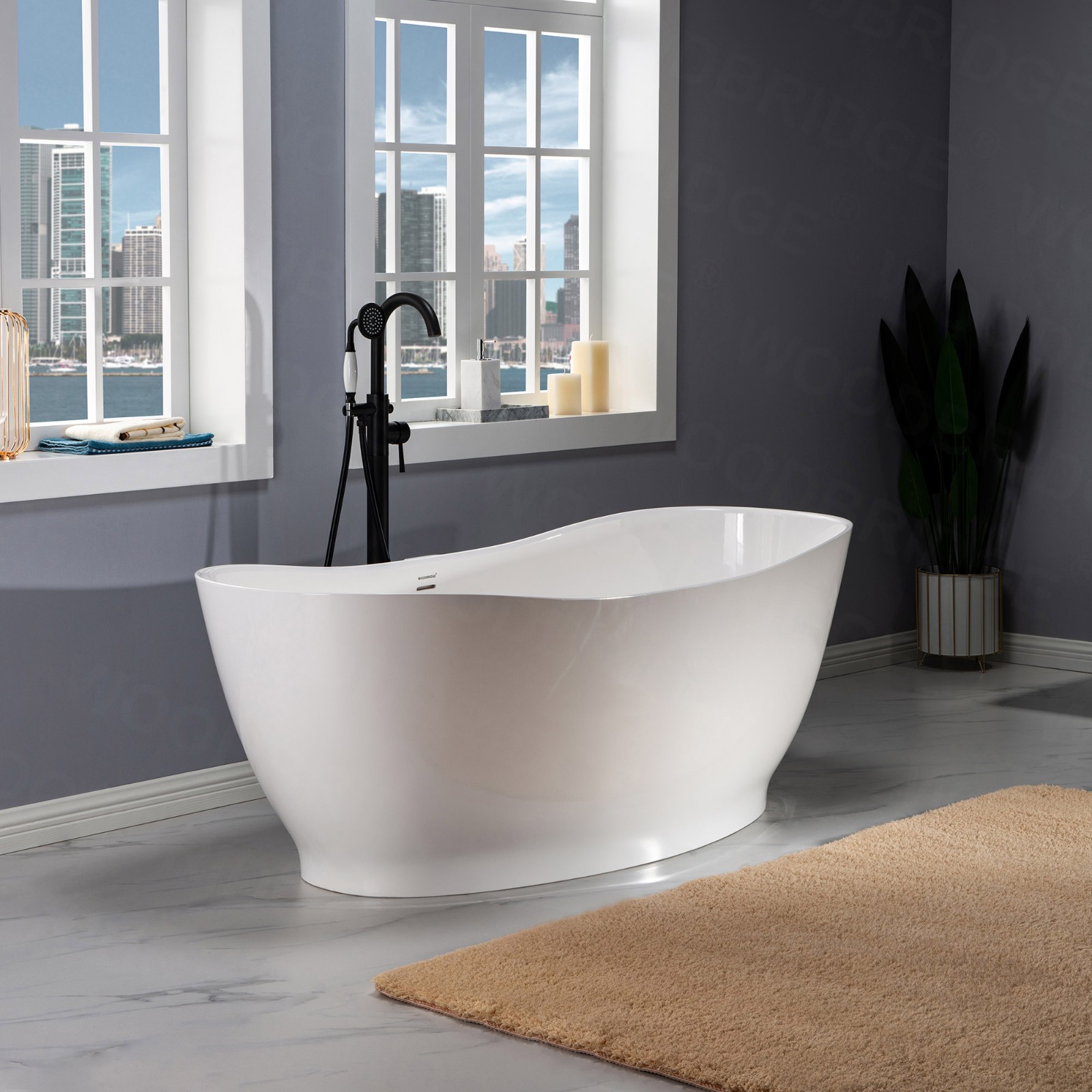  WOODBRIDGE 66 in. Freestanding Solid Surface Double Slipper Soaking Bathtub with Center Drain Assembly and Overflow, B0052/BTA0052, Glossy White_8386