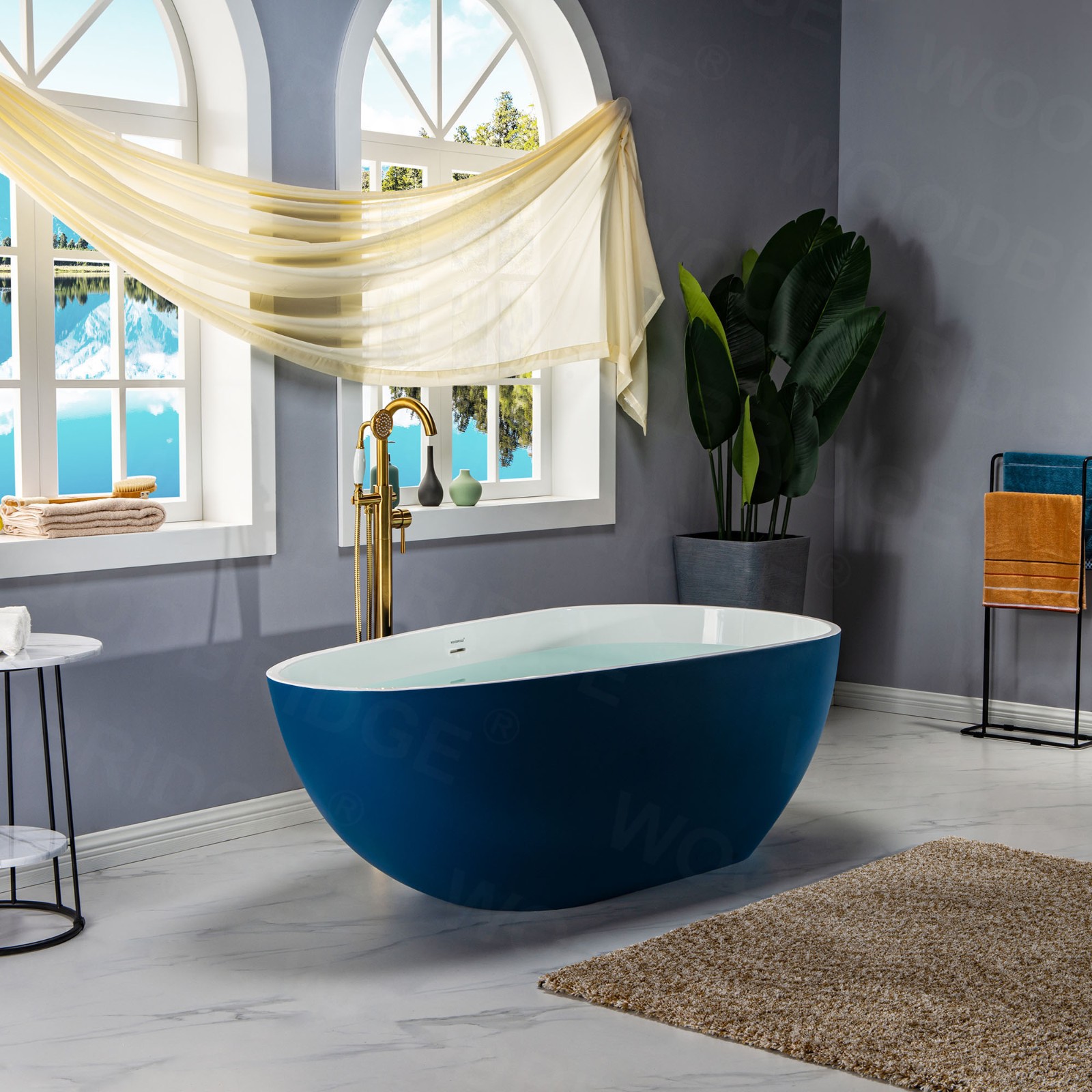  WOODBRIDGE 67 in. Freestanding Double Ended Solid Surface Soaking Bathtub with Center Drain Assembly and Overflow, BTA0053/BTA0053, Glossy White (Inside) Satin Blue (Outside)_8367