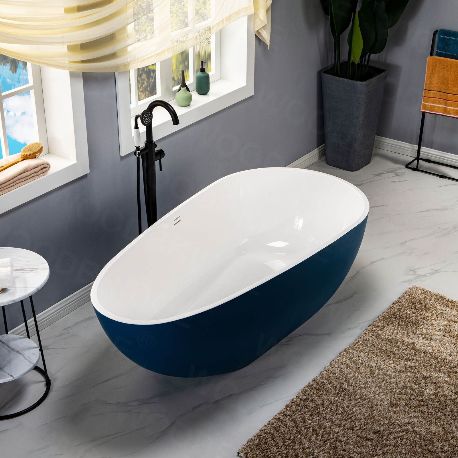  WOODBRIDGE 67 in. Freestanding Double Ended Solid Surface Soaking Bathtub with Center Drain Assembly and Overflow, BTA0053/BTA0053, Glossy White (Inside) Satin Blue (Outside)_8368
