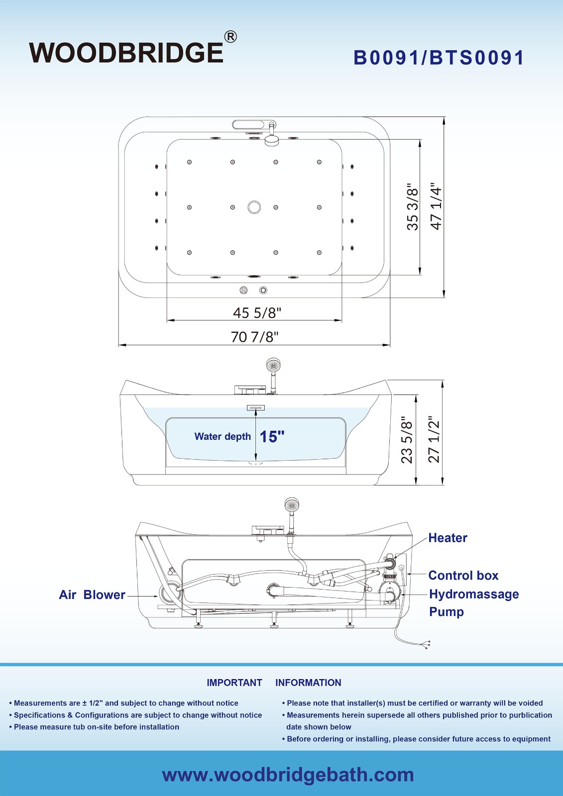  2 Person Freestanding Massage Hydrotherapy Bathtub Tub Hot Tub Spa, with Inline Heater. BTS-0091_9104