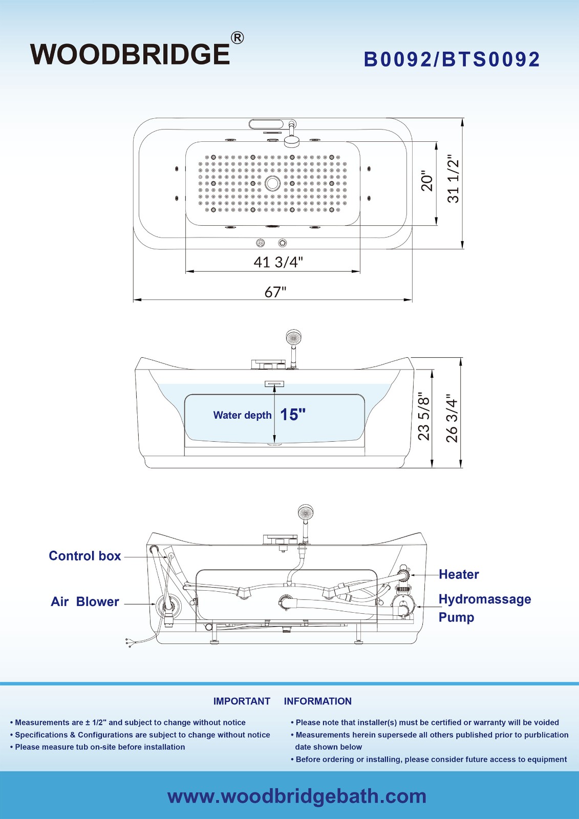  1 Person Freestanding Massage Hydrotherapy Bathtub Tub Hot Tub Spa, with Inline Heater. BTS-0092_9083