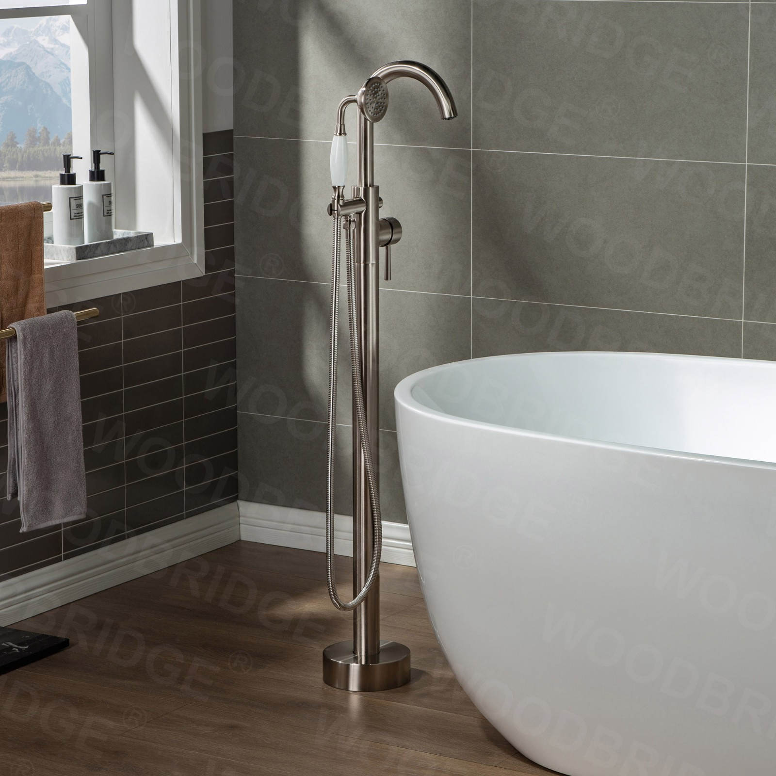  WOODBRIDGE WOODBRIDGEE F0001BNVT Contemporary Single Handle Floor Mount Freestanding Tub Filler Faucet with Hand shower, Brushed Nickel_7878