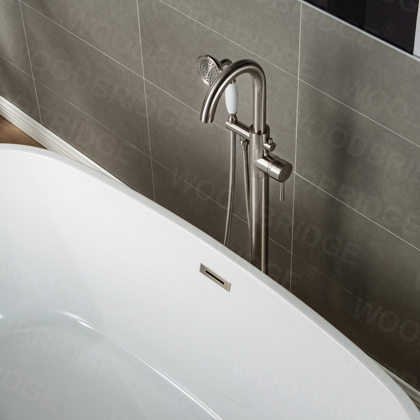  WOODBRIDGE WOODBRIDGEE F0001BNVT Contemporary Single Handle Floor Mount Freestanding Tub Filler Faucet with Hand shower, Brushed Nickel_7883