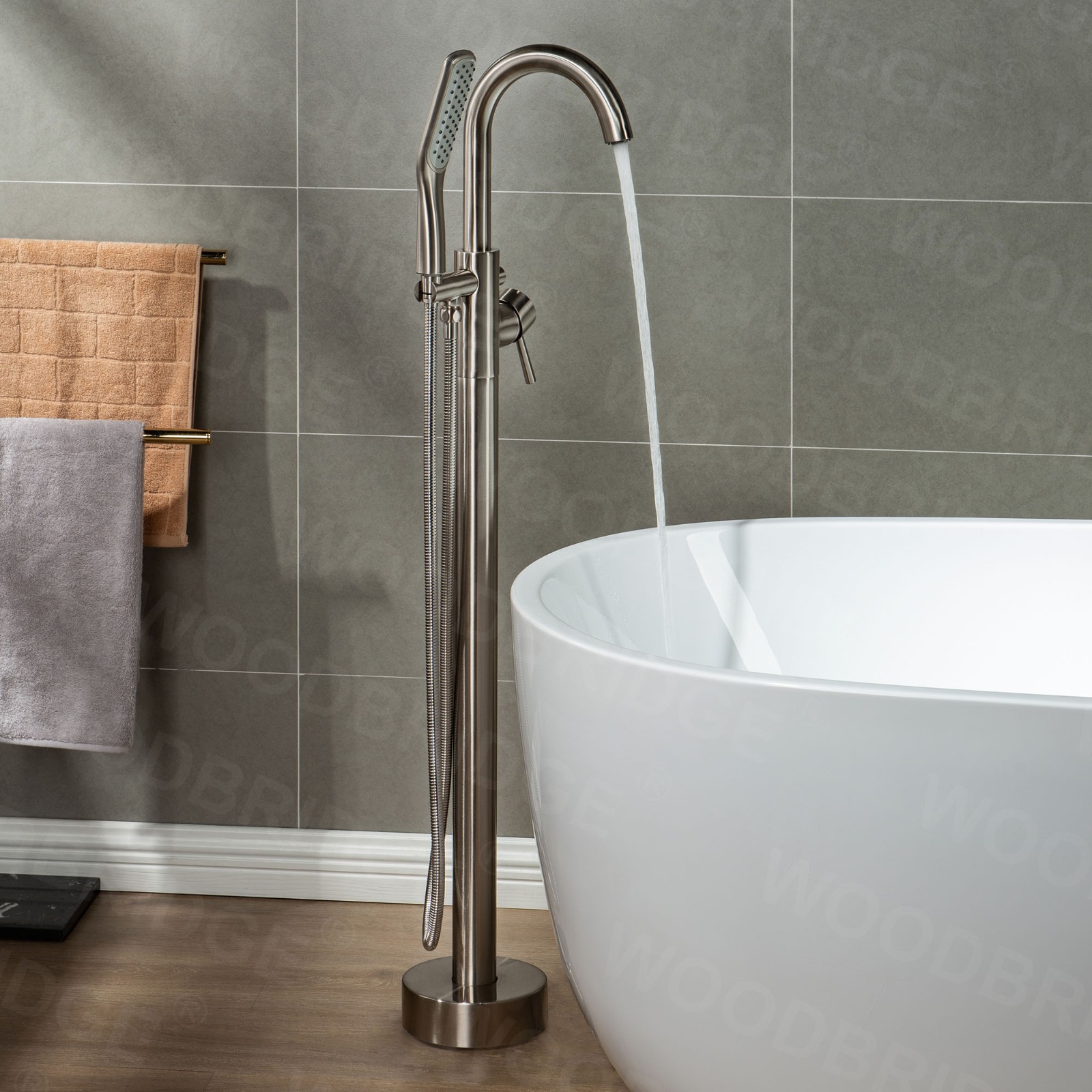  WOODBRIDGE WOODBRIDGEE Contemporary Single Handle Floor Mount Freestanding Tub Filler Faucet with Hand Shower in (Brushed Nickel) Finish,F0001BNSQ_7869