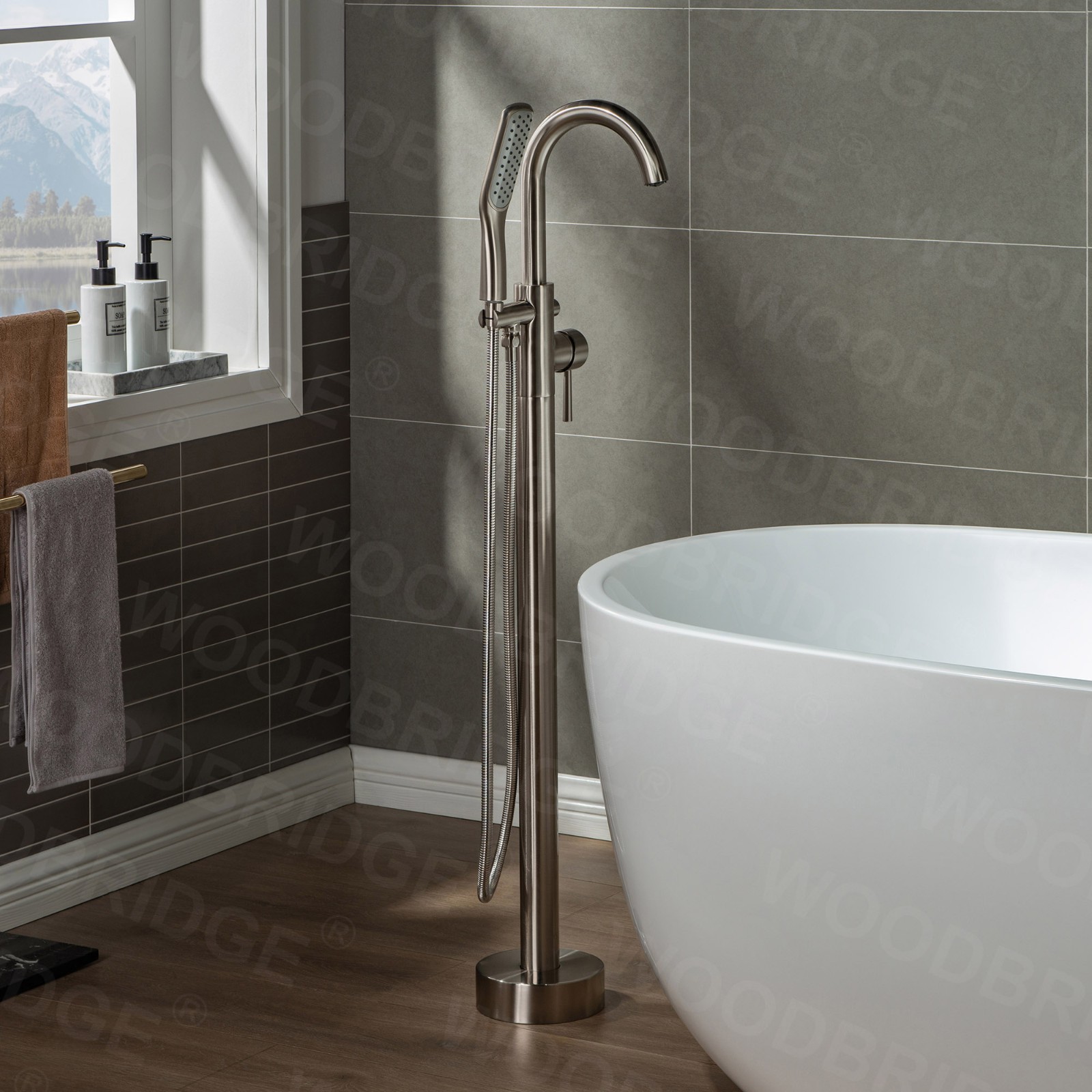  WOODBRIDGE WOODBRIDGEE Contemporary Single Handle Floor Mount Freestanding Tub Filler Faucet with Hand Shower in (Brushed Nickel) Finish,F0001BNSQ_7875
