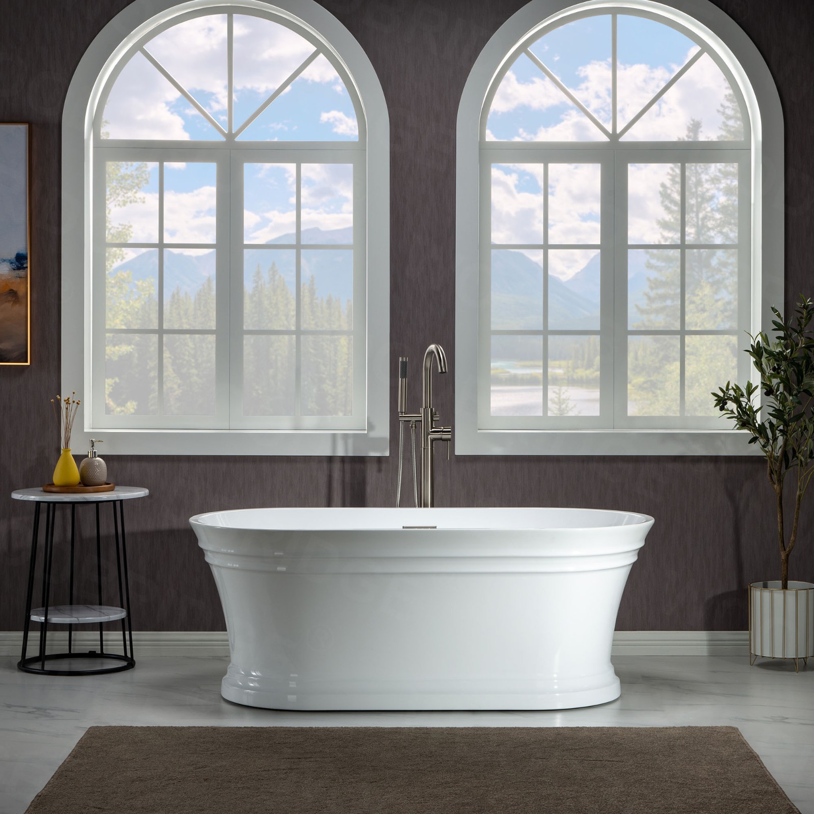  WOODBRIDGE 59 in. Freestanding Double Ended Acrylic Soaking Bathtub with Center Drain Assembly and Overflow, BTA1536/B1536, Glossy White_7847